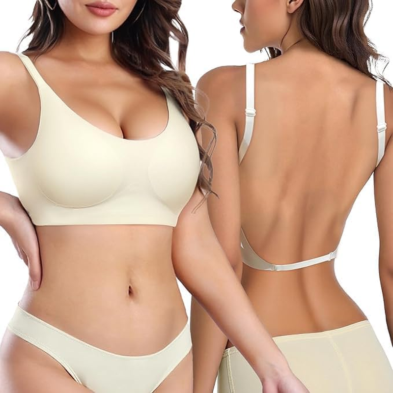 Women'S Low Back Bra, Backless Non-Wired Seamless Invisible Bra, Multiway Convertible Strap, Removeable Padding Bra with Adjustable Straps