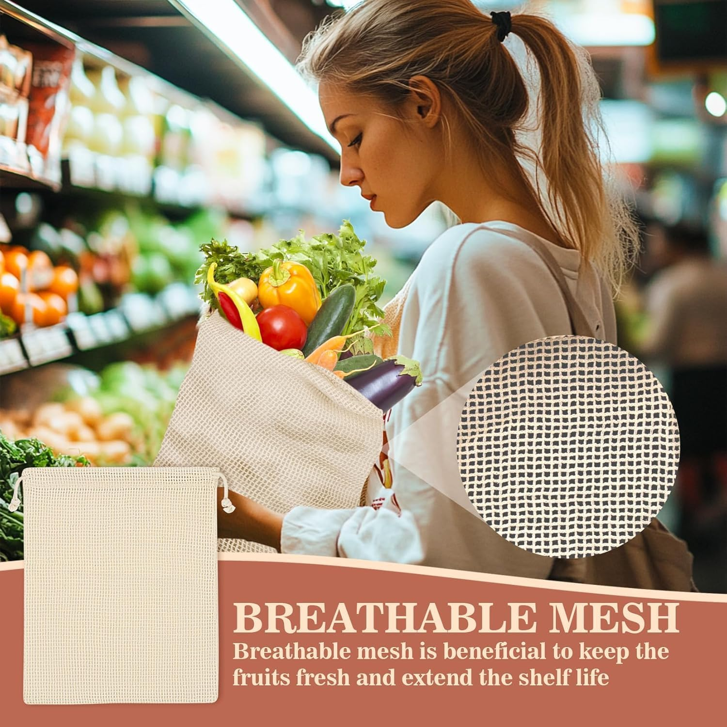 6 Pack Reusable Produce Bags Cotton Mesh Produce Bags Mesh Storage Produce Bags Reusable Durable Double Stitched with Drawstring Produce Bag for Vegetables,Fruit & Grocery Shopping (2L,2M,2S) image number 2