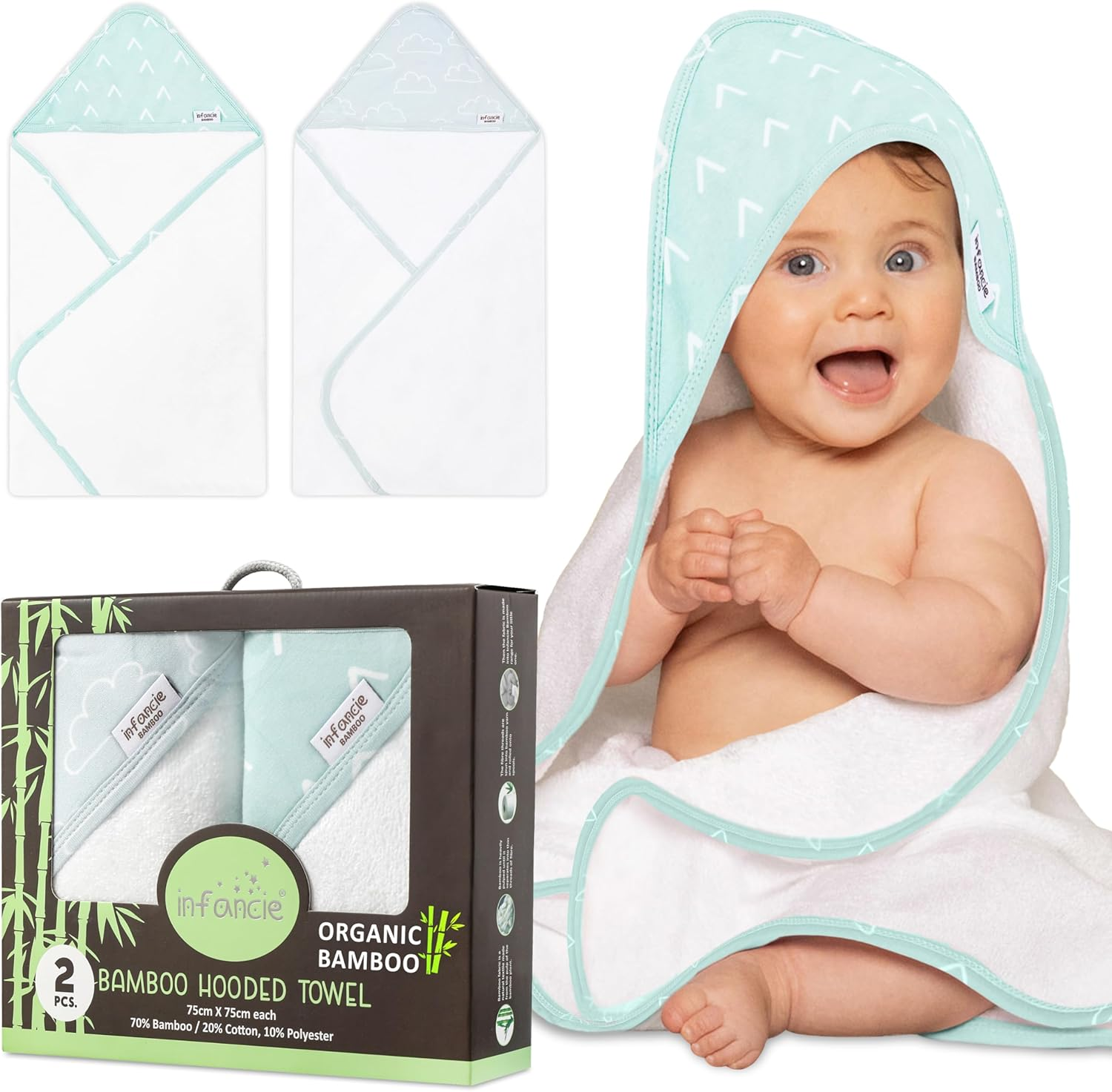 Baby Orgainc Hooded Towel, Premium Bamboo Infant, 2-Pack, 75X75 Cm, Soft Newborn Bath with Hood for Baby Girls & Boys (Seafoam Green/Baby Blue)