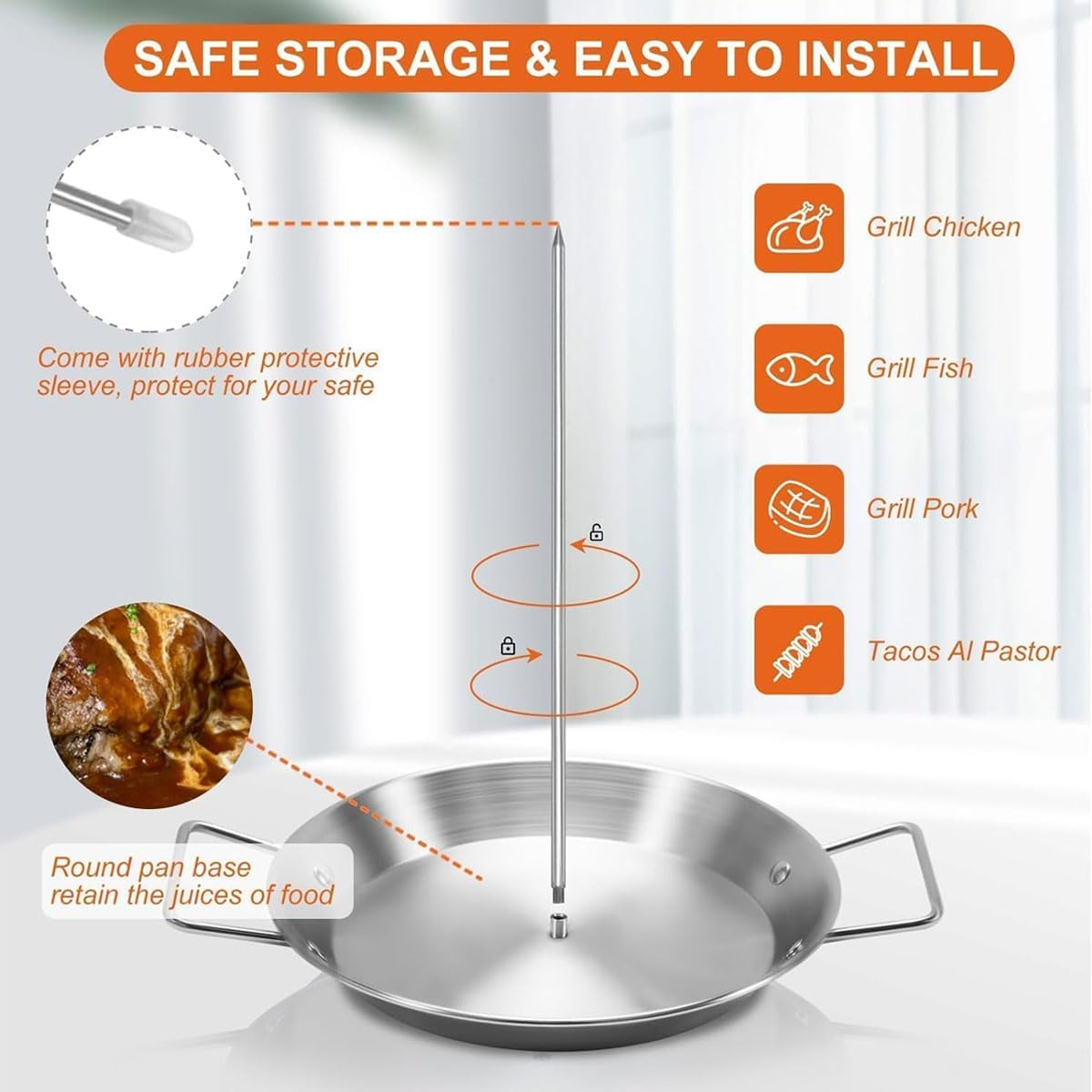 AIMALL Stainless Steel Vertical BBQ Pan Accessories Set - 3 Removable Skewers, Brush, Cushion Gloves, Oil Bottle, Brush Hook image number 4