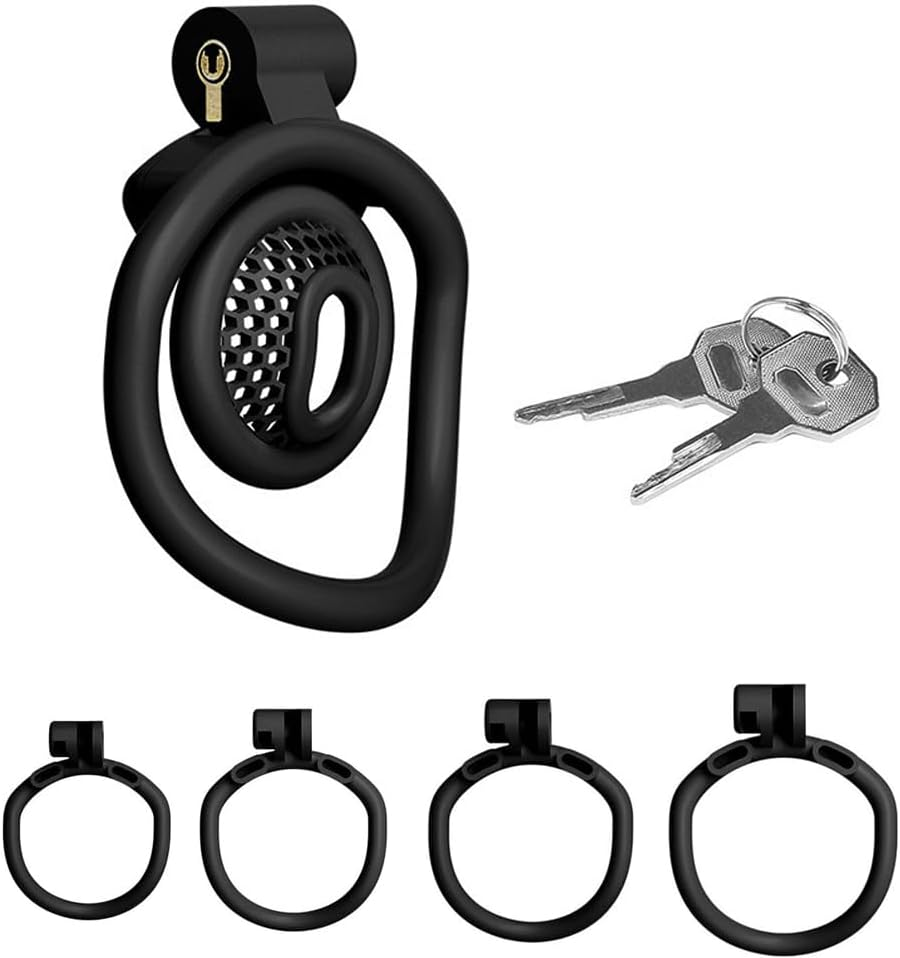 Male Chastity Device Cock Cage Flat Chastity Penis Cage with 4 Different Arc Rings and 2 Keys for Men'S Penis Bondage SM Sex Toys (Black, Negative Pole) image number 4