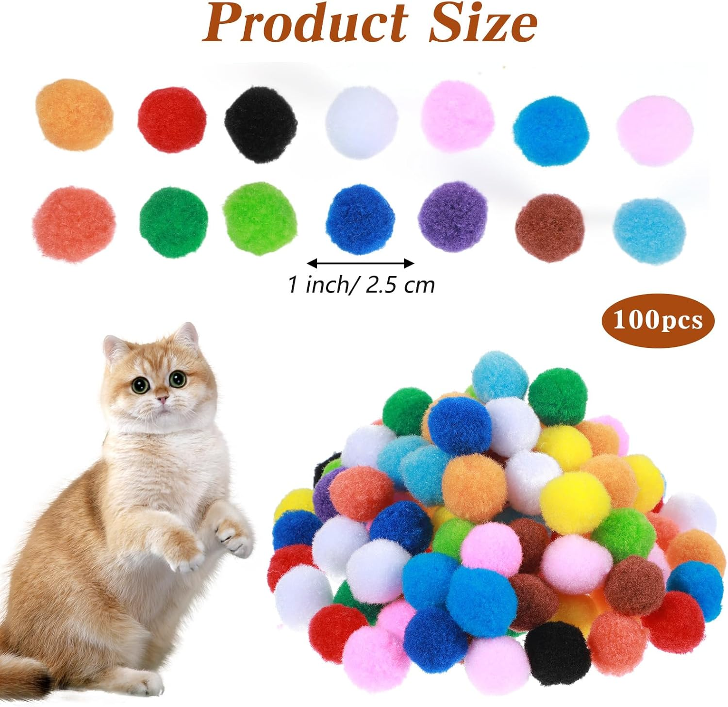 Bremorou Pack of 100 Cat Balls, 2.5 Cm, Colourful Plush Balls, Interactive Cat Toy, Felt Balls for Cats, Soft Pom Poms, Indoor Play Ball