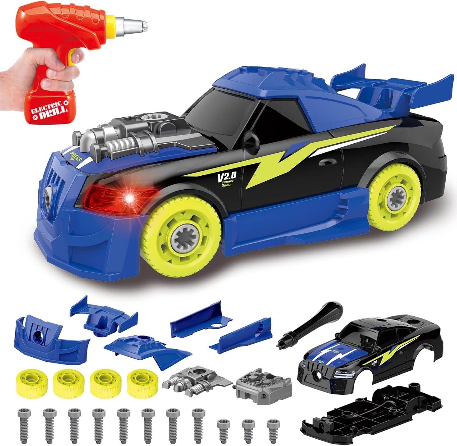 Pup Go F1 Construction Toy Racing Car - 24 Pieces with Realistic Sounds & Lights - 2 in 1 Easy Build Your Own Racing Car Kit with Electric Drill Tool - Take Apart Toys Gifts for 3+ Years Old Boys Kids