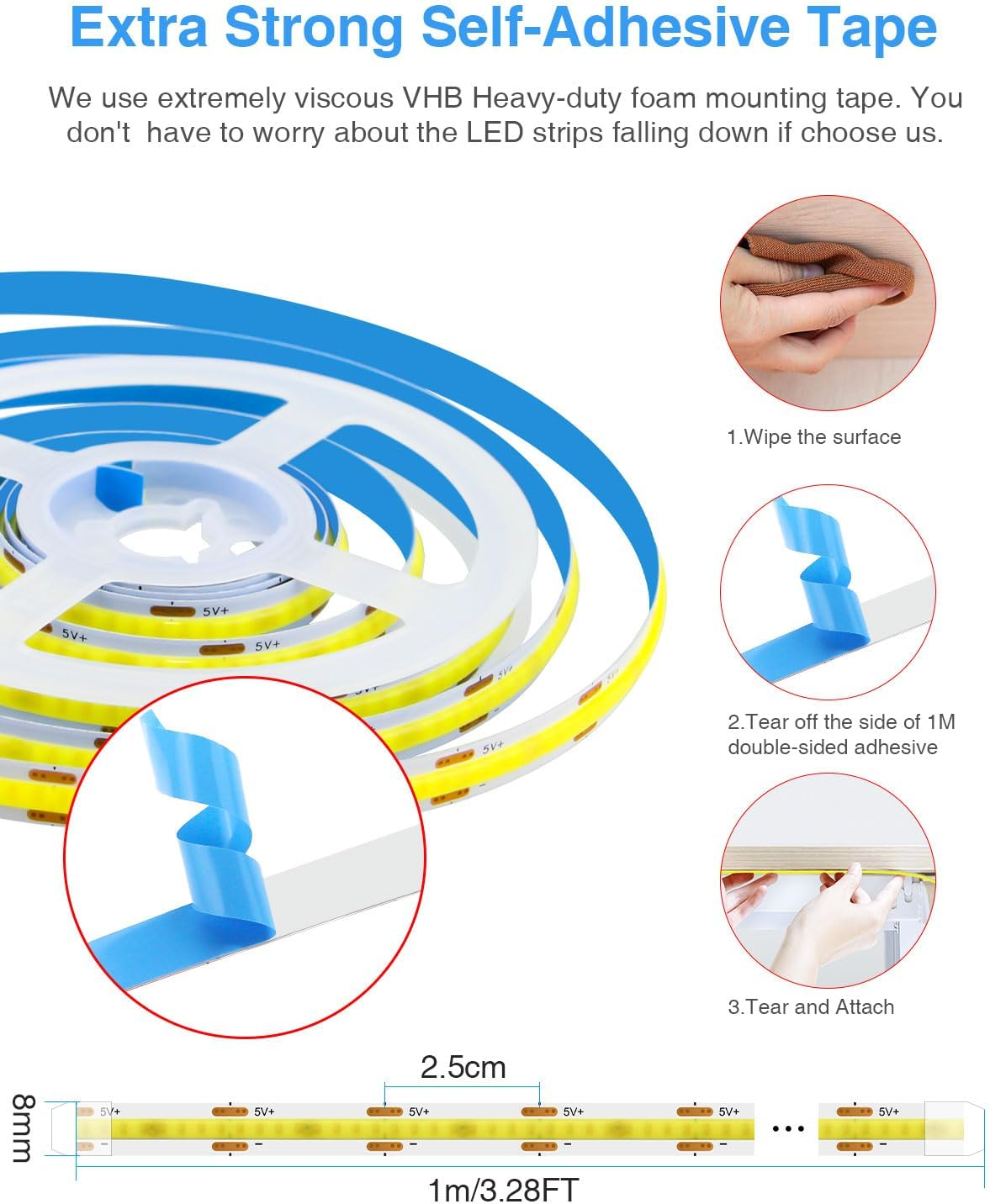 Aclorol USB COB LED Strip 1 M Warm White 3000 K Flexible Cut LED Strip Self-Adhesive for TV Backlight Living Room Mirror Wardrobe Lighting 320Leds/M 8 Mm Width (Pack of 2) image number 2