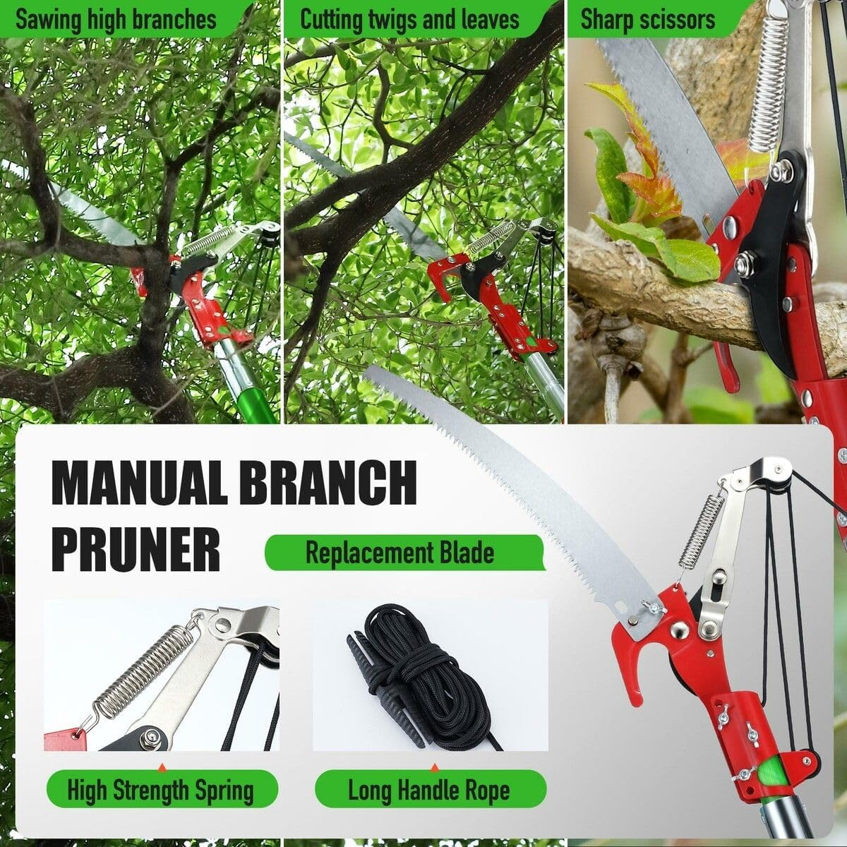 AUSWAY Manual Pole Saw Tree Pruner Extendable High Branch Pruning Trimming Trimmer Cutter 8 Fibreglass Rods Sharp Steel Blades Scissors Shearing Garden Tool image number 5