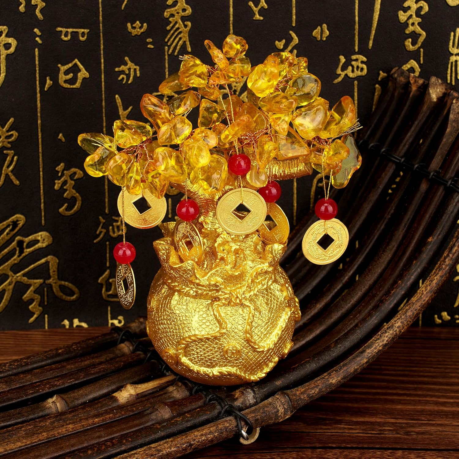 Green Aventurine Money Tree &ndash; Feng Shui Wealth Prosperity Golden Bag Bonsai Lucky Gemstone Home Office Decor (14Cm Height) - Purple image number 3