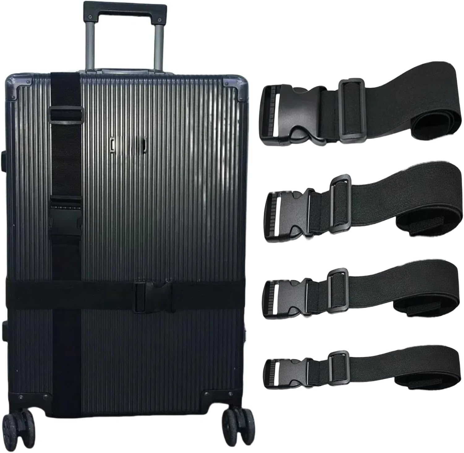 Pack of 4 Black Luggage Straps, Elastic Suitcase Strap, Adjustable Buckle Strap, Suitcase Strap for Safely Packing and Organising Travel Bags, Suitcases, Luggage Strap (2.5 X 50-200 Cm)