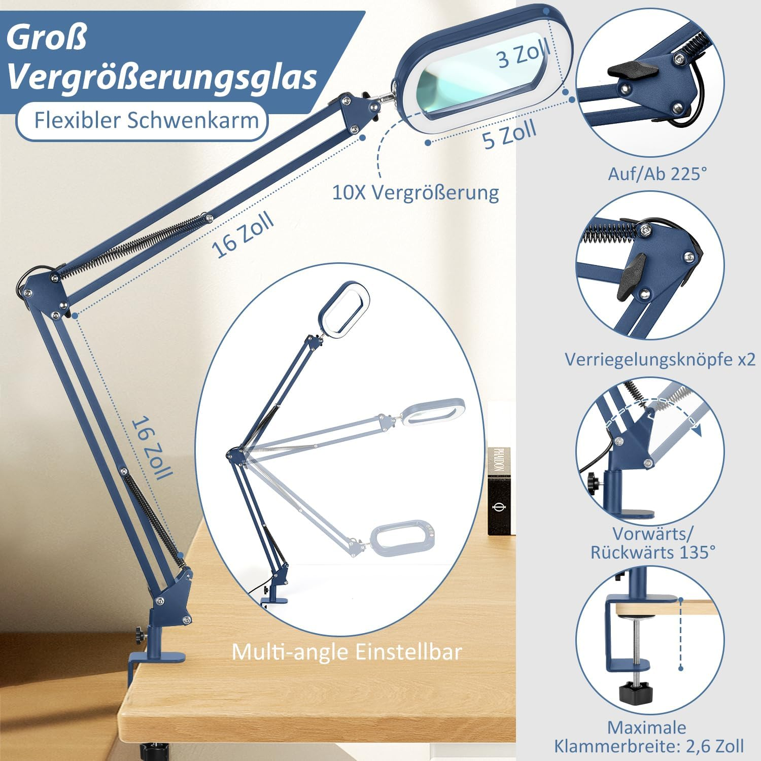 Veemagni 10 X Real Glass Rectangular Magnifying Glass with Light and Clamp, Reading Magnifier, 5 Colour Modes, Continuous Dimming, 2 X 16 Inch Large Swivel Arm LED Magnifying Lamp, Hands-Free Table image number 6
