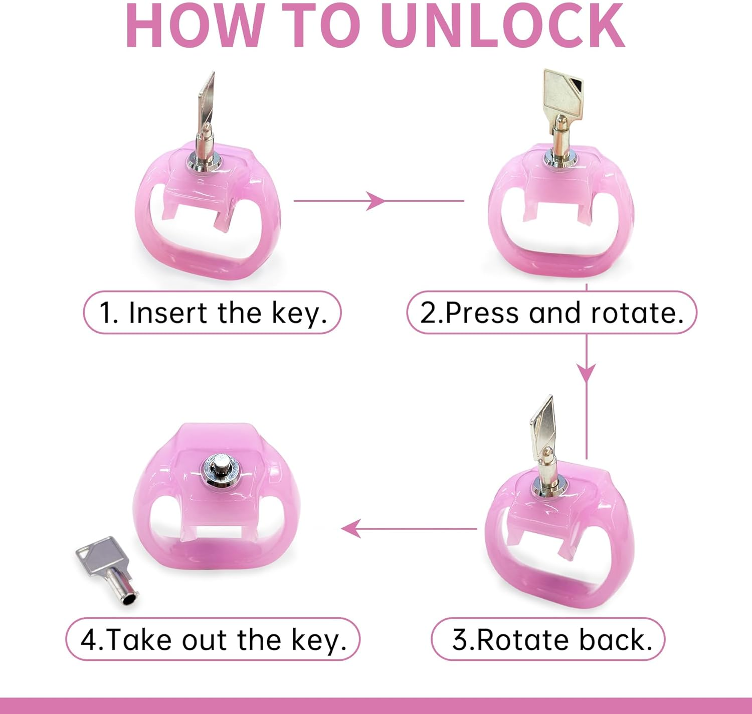 Male Chastity Devices Chastity Cage Cock Cage Button Lock and Exclusive Keys with 3 Active Rings Click & Locked Key Penis Cock Cage for Men Pink Color image number 3