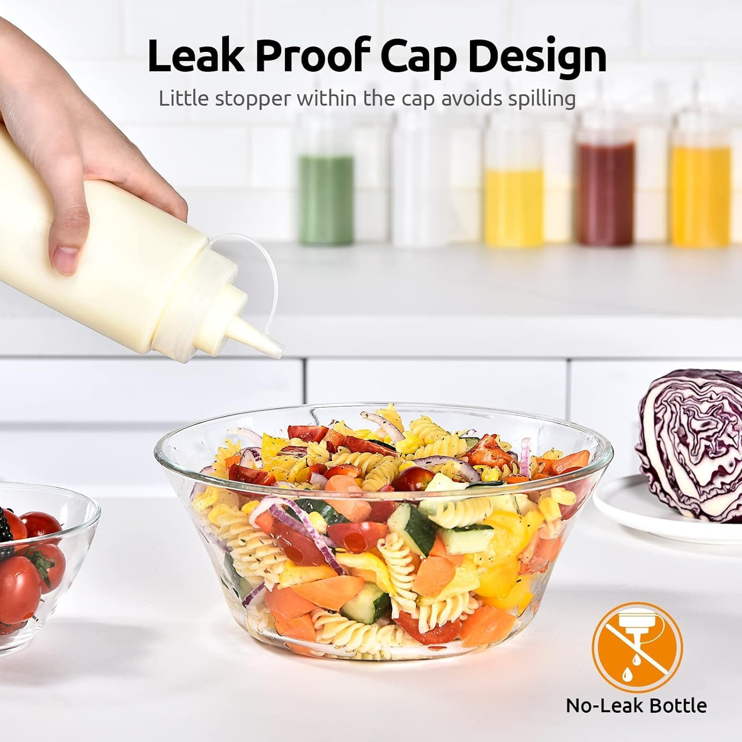 Hysgscwd 8Pcs Condiment Squeeze Bottles, 16Oz Durable Sauce Bottles with Twist on Caps and Measurement, Reusable Plastic Squeeze Squirt Bottle, Leakproof Condiment Dispenser for Ketchup Salad Dressing image number 2