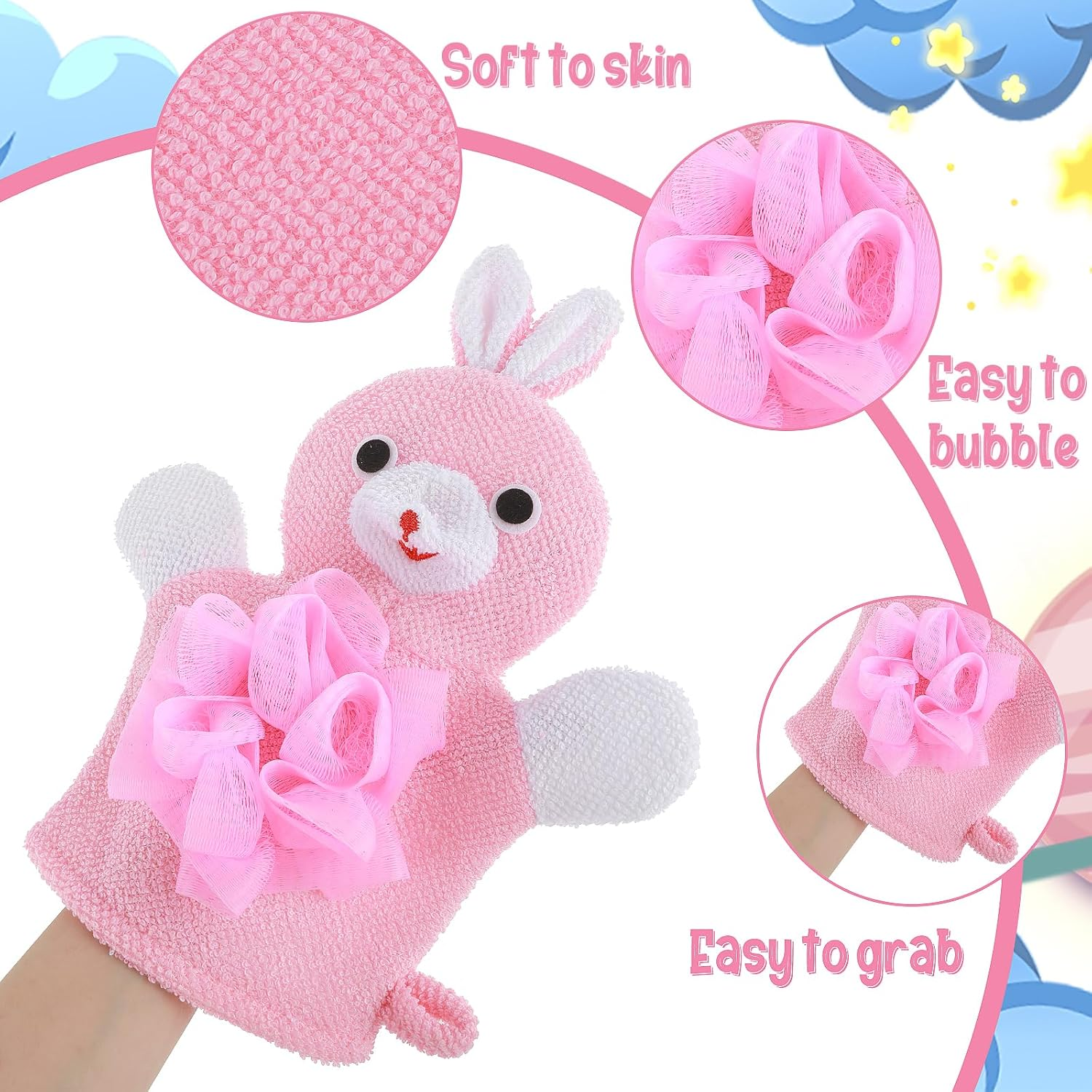 Gjinxi 2 Pcs Bath Mitt Washcloths Gloves, Cute Cartoon Exfoliating Glove Body Scrubber, Gentle Soft Scrub Bath Loofahs Sponges for Kids Shower Washing (Pink Rabbit and Yellow Duck) image number 2