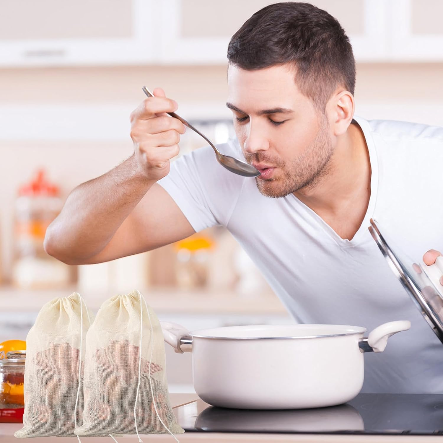 30Pcs Spice Bags for Cooking, 6X4 Inch Reusable Cotton Drawstring Soup Bags Tea Filter Bags Cheesecloth Bags Muslin Bags for Cooking image number 5