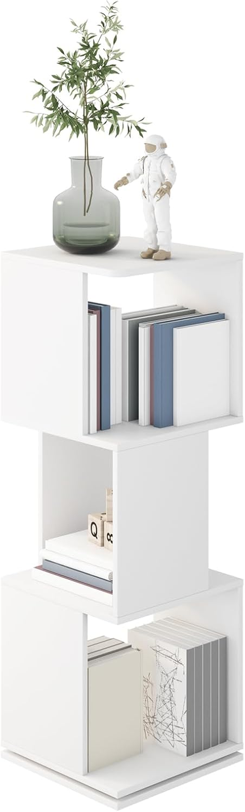 Rotating Bookshelf, 3-Tier Wooden Bookcase, Corner Standing Display Shelf Organizer, CD Storage Rack for Small Space Living Room Office Kids Furniture, White image number 4