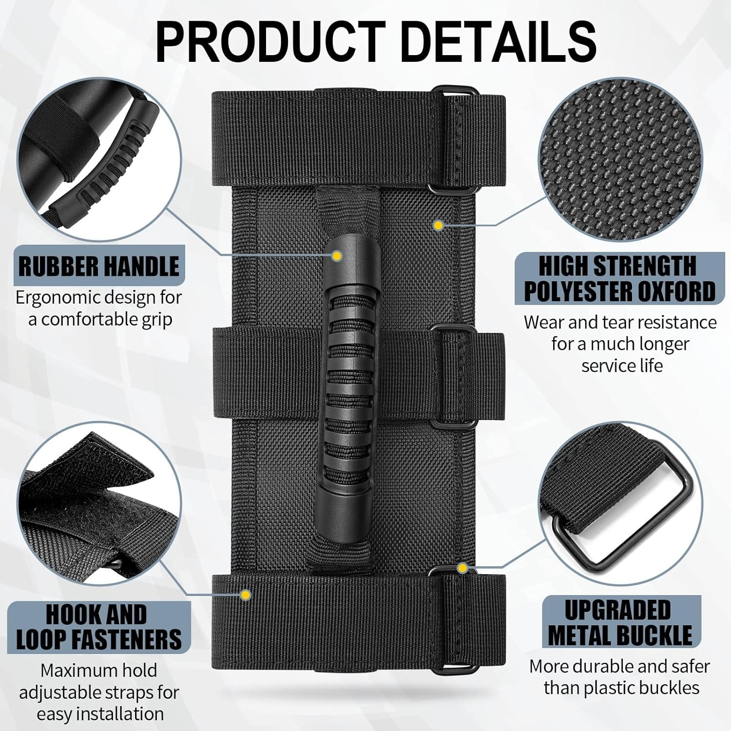 Grab Handle Set for Jeep Wrangler Roll Bars (2 Pack) Easy-To-Fit 3 Straps Design for 1987-2017 Modelswrangler Accessories (Black) image number 2