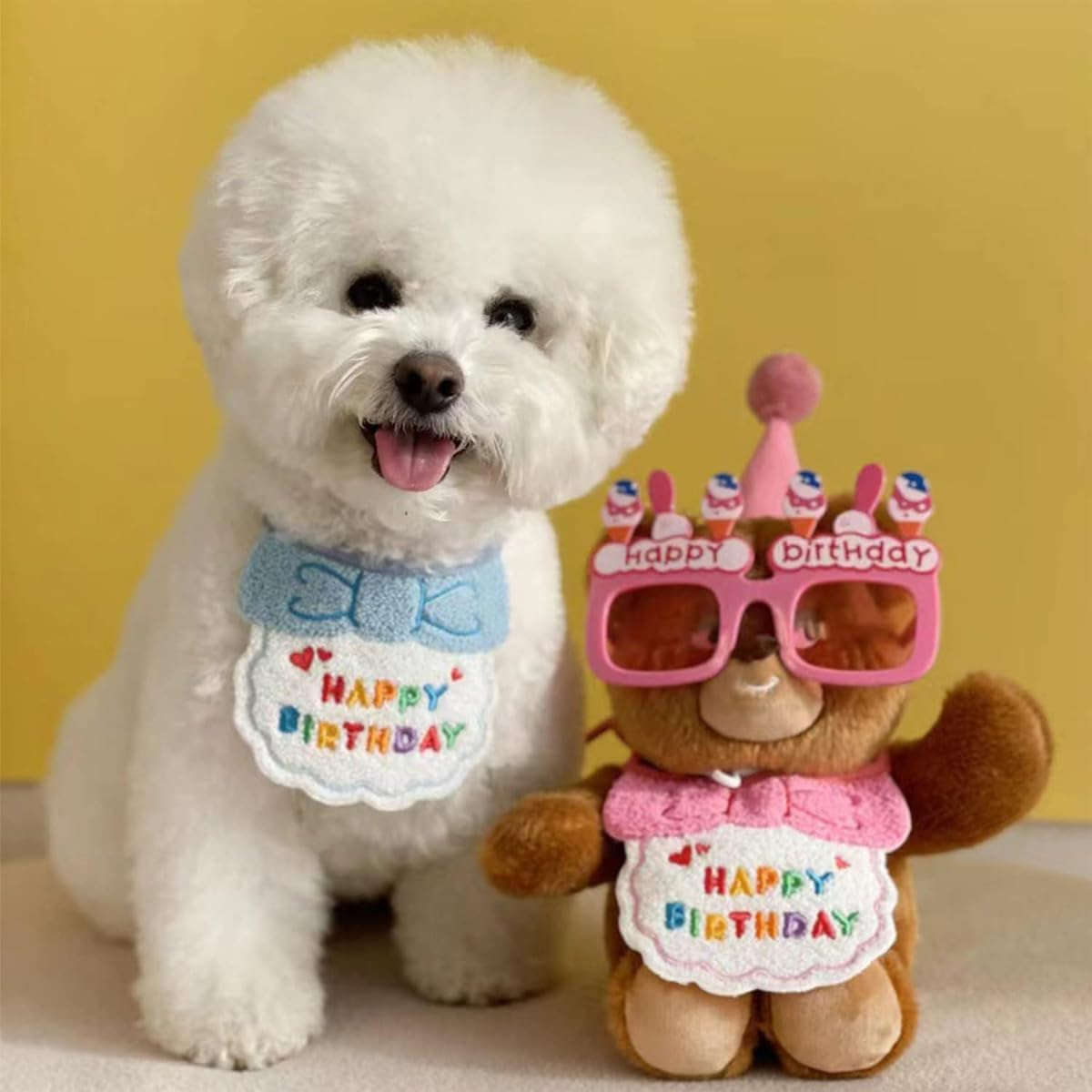 AIMALL Pet Birthday Party Set, Adjustable Dog Cat Hat and Matching Saliva Towel, Colorful Decorations, Elastic Fit, Hat: 3.54In High, Bib: 24.01In Perimeter - Orange image number 3