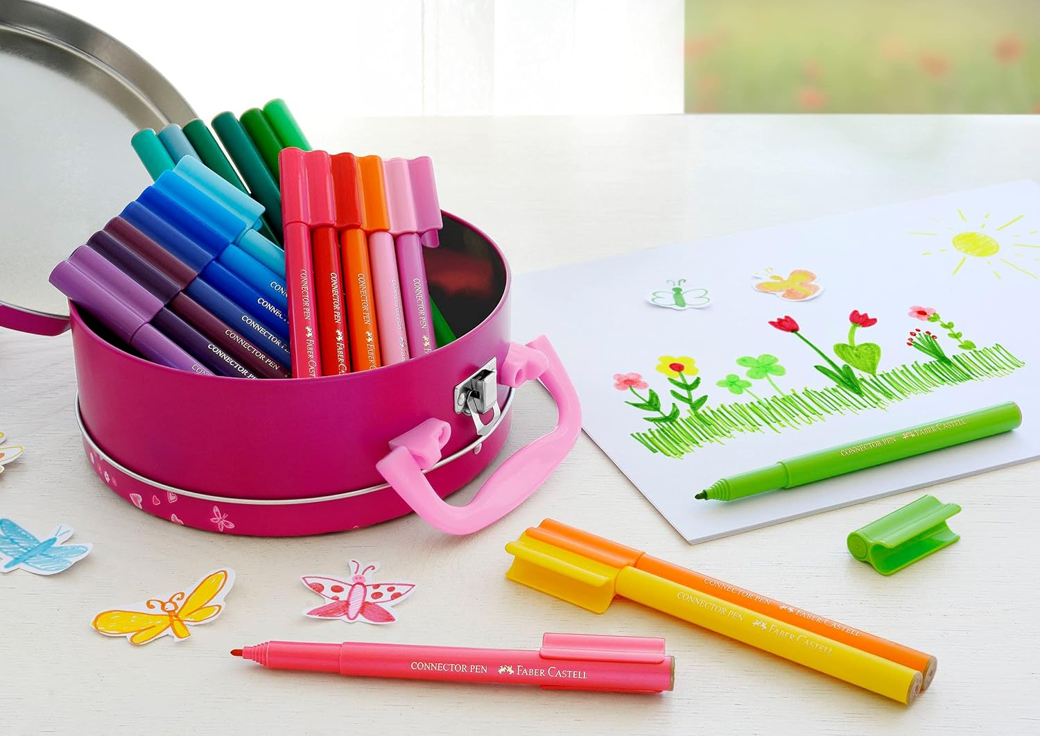 Faber-Castell Connector Pen Colour Markers Assorted - Gift Set Handbag Tin of 33 (63-155537), Multicolor image number 1