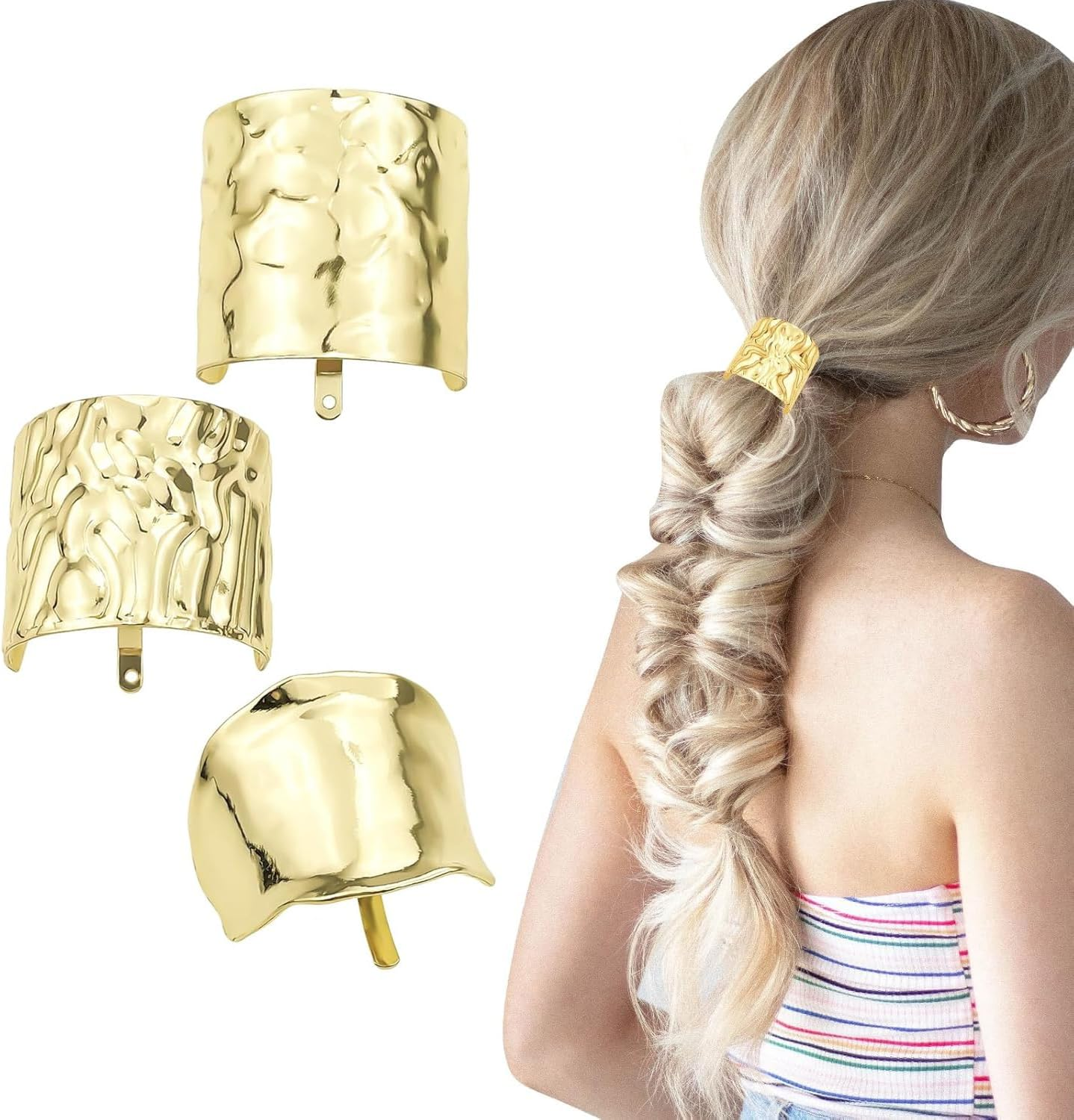 Tjhypenete 3Pcs Hair Clips with Lava Ponytail Buckle, Gold Hair Cuffs High Ponytail Holder Band, Stylish Dress up Hair Ring, Decorative Horsetail Accessories, Metal Hair Ties, Long Hair Tail Hairpins image number 2