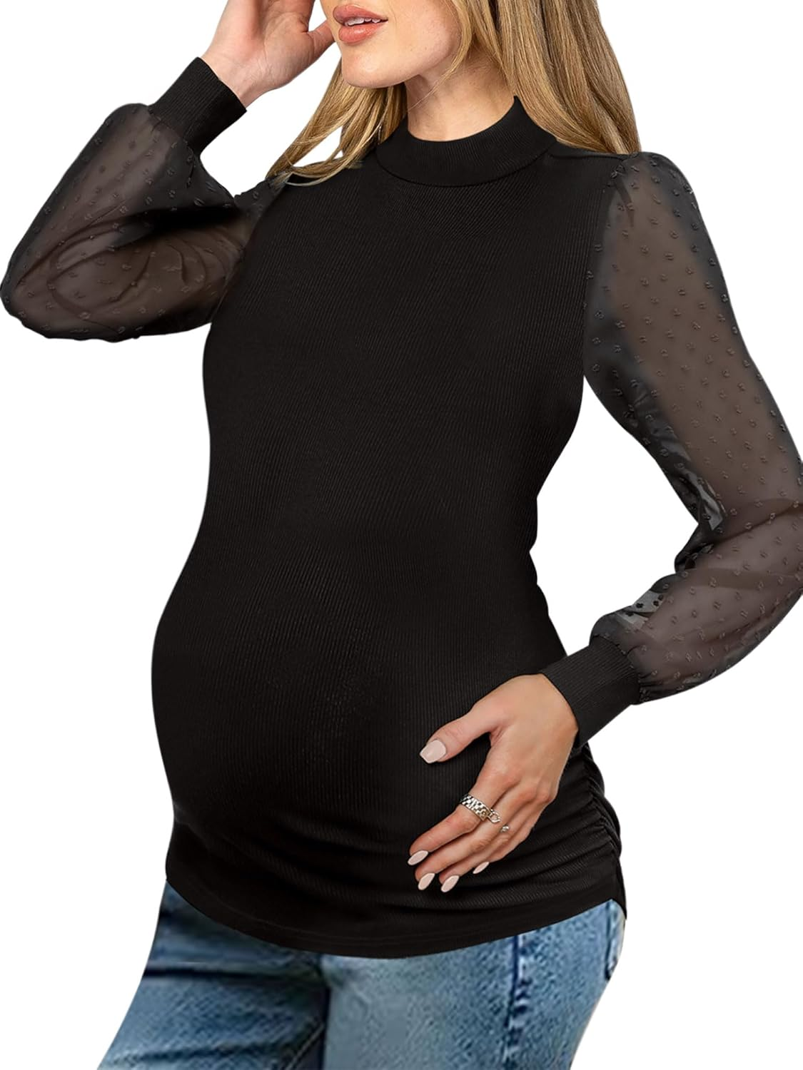 FMEYOA Women'S Maternity Shirt Long Sleeve Top Swiss Dot Mock Neck Ribbed Knit Striped Ruched Side Blouse image number 6