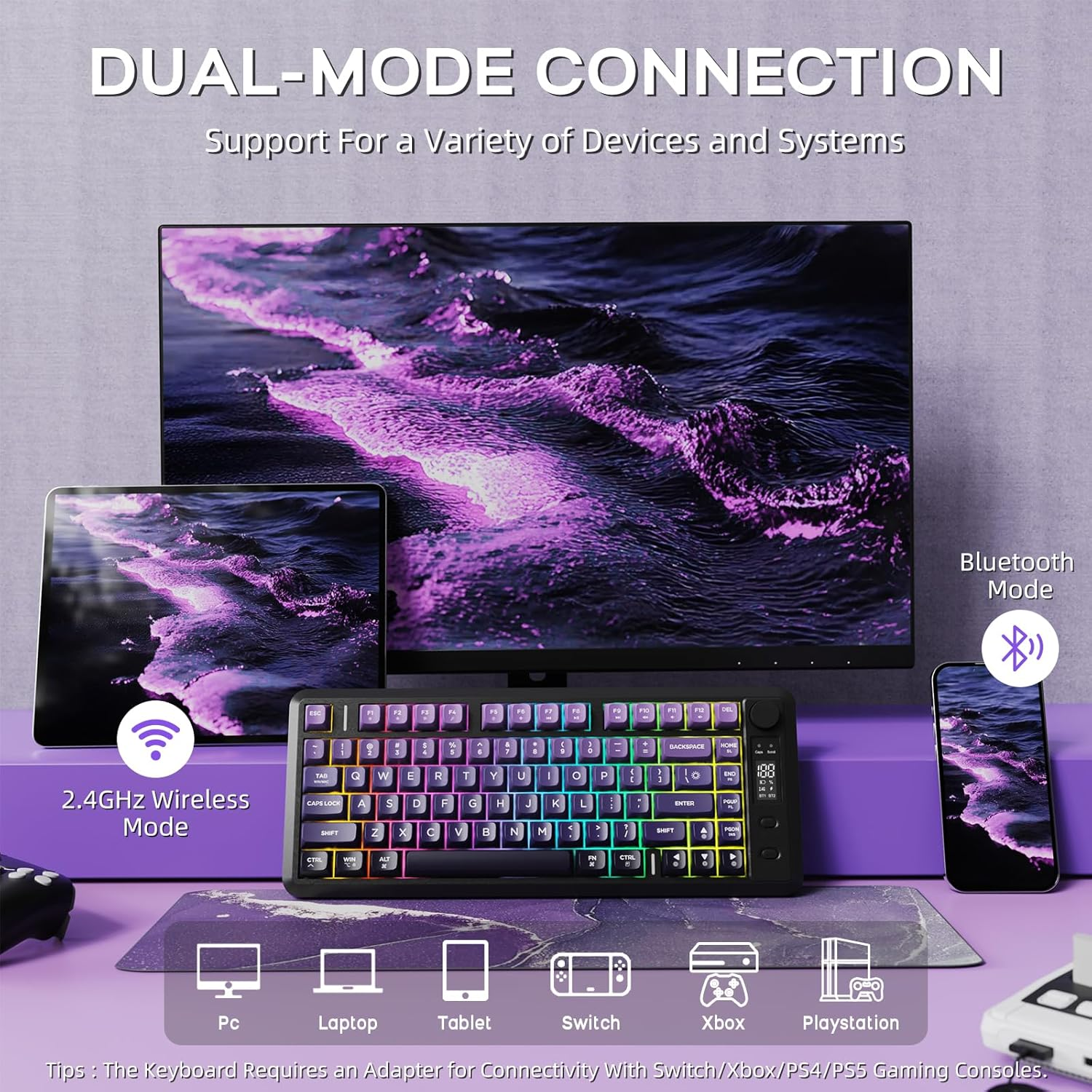 FREEWOLF X Attack Shark M75 Wireless Membrane Gaming Keyboard Mechanical Feel with Knob & OLED Display Bluetooth/2.4Ghz Rainbow Backlit Gradient PBT Keycaps 2000Mah Battery Anti-Ghosting-Purple image number 4