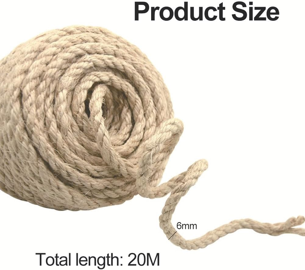 Sisal Rope for Cat Scratching Post, Natural Sisal Rope, Scratching Rope for Decorating Scratching Posts for Cats, Decorating Houses, Gardens, Flower Pots, Guardrails, 6 Mm X 20 M