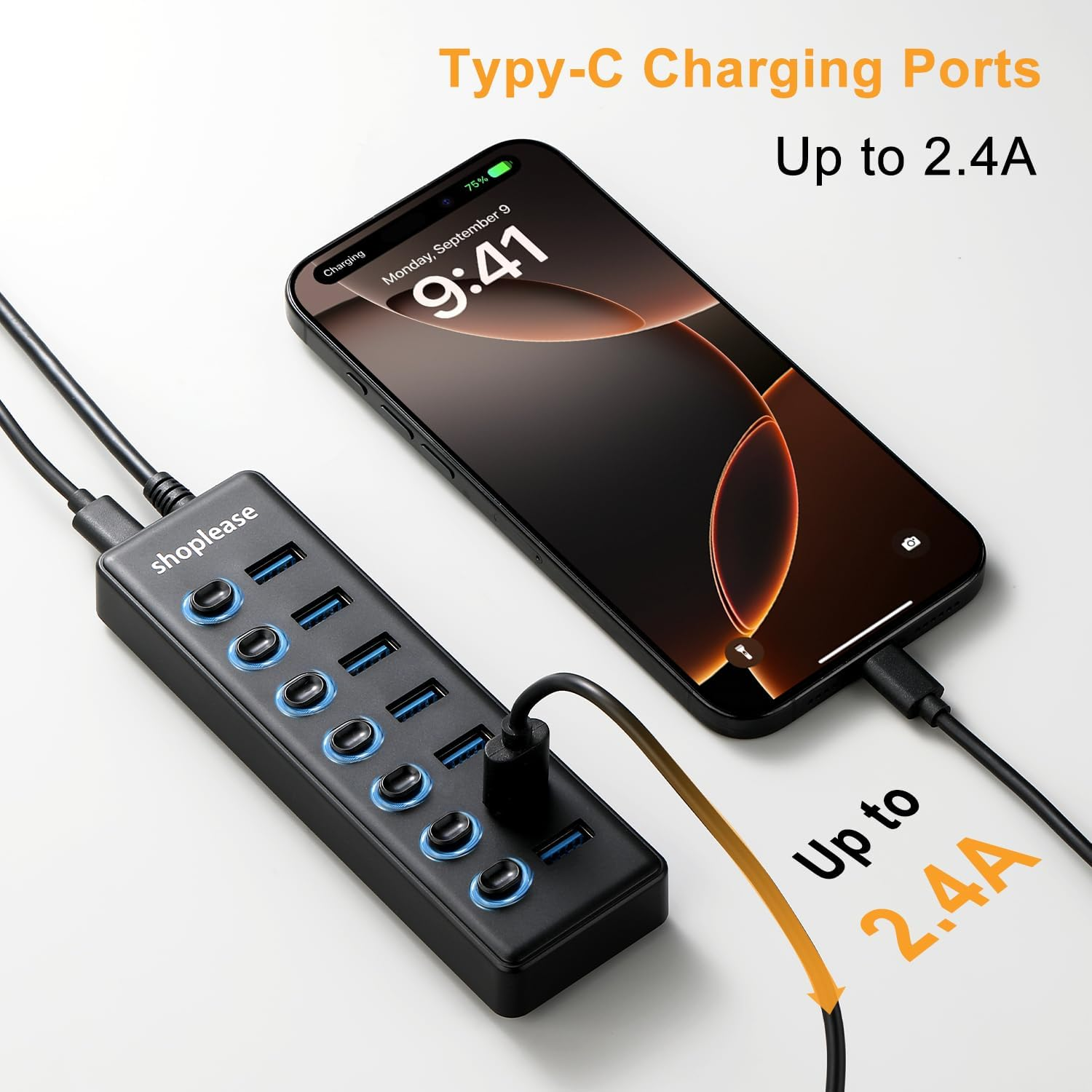 USB 3.0 Superspeed Hub with 1M Line, 7 Ports Splitter with Individual Power Switches and LED Light image number 2