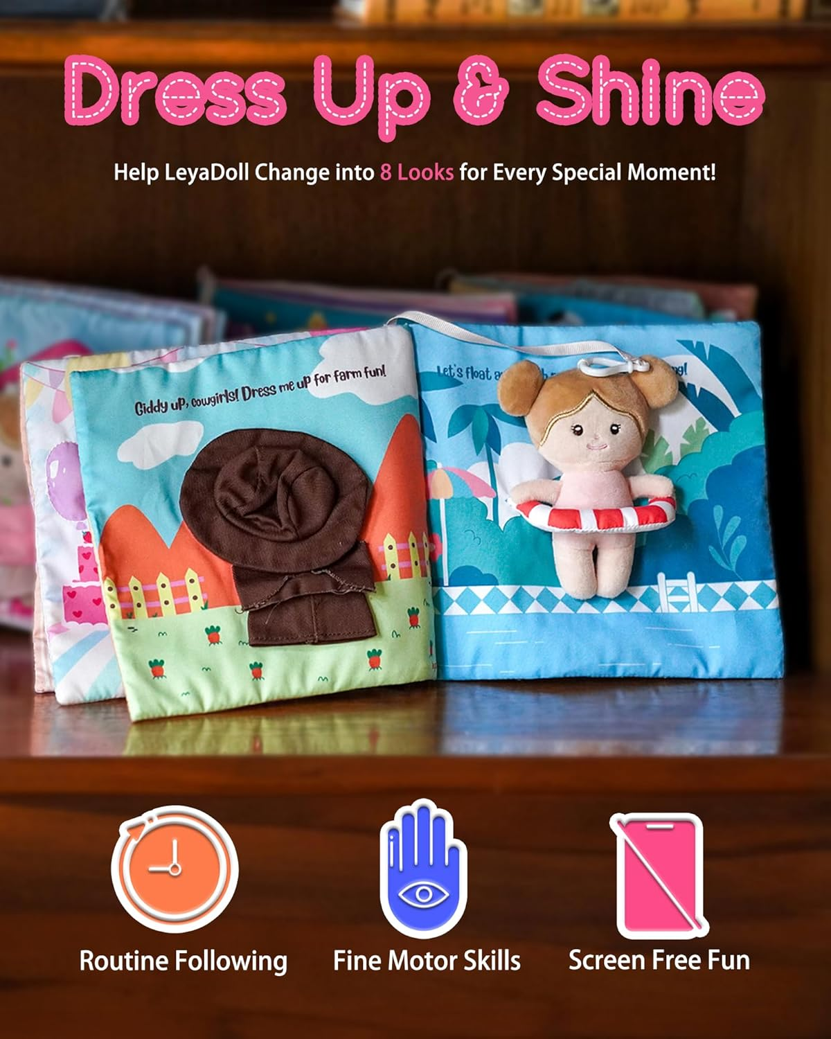 Leyadoll Interactive Sensory Soft Cloth Book, Educational Crinkle Quiet Activity Busy Book for Babies,Toddler Travel Toy 1-3 Year Old Boys and Girls (Dress Me Right) - Hello-Potty-Pink image number 5