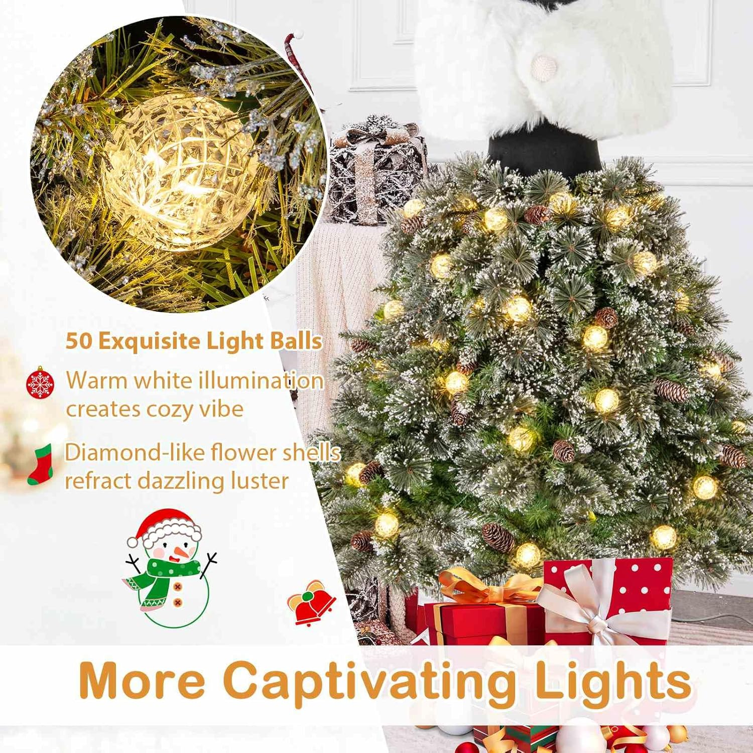 Costway 150CM Pre-Lit Mannequin Artificial Christmas Tree, Hinged Dress Form Xmas Tree W/ 465 Branch Tips, 50 LED Light Balls, 36 Natural Pine Cones, Shawl, Necklace, Holiday Decoration for Home Party image number 6