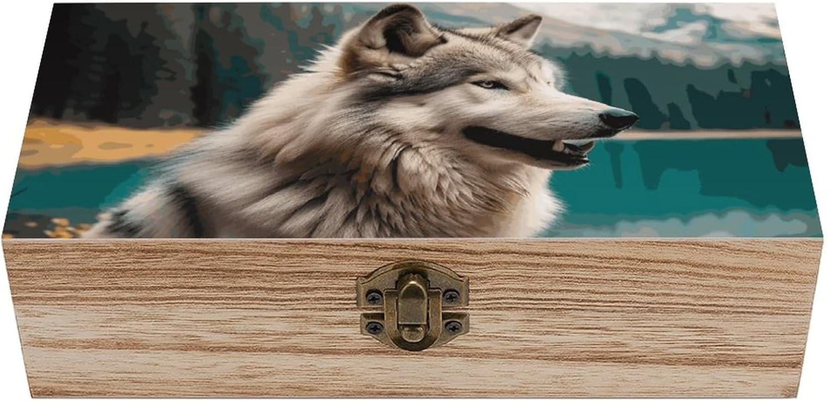 Wolf Wooden Box Wood Wedding Keepsake Boxes with Lids Small Decorative Boxes Lightweight Wooden Memory Storage Box for Crafts Keepsakes Jewelry Photo Letter Storage image number 2