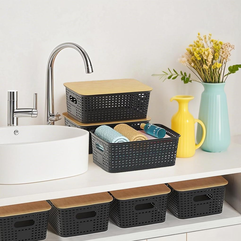 Vivva 6 Pack Plastic Storage Baskets with 30Pcs Labels Bamboo Lid Containers Stackable Bins Basket for Organizing Shelves Drawers Desktop Closet Playroom Classroom Office (Black) - White image number 5