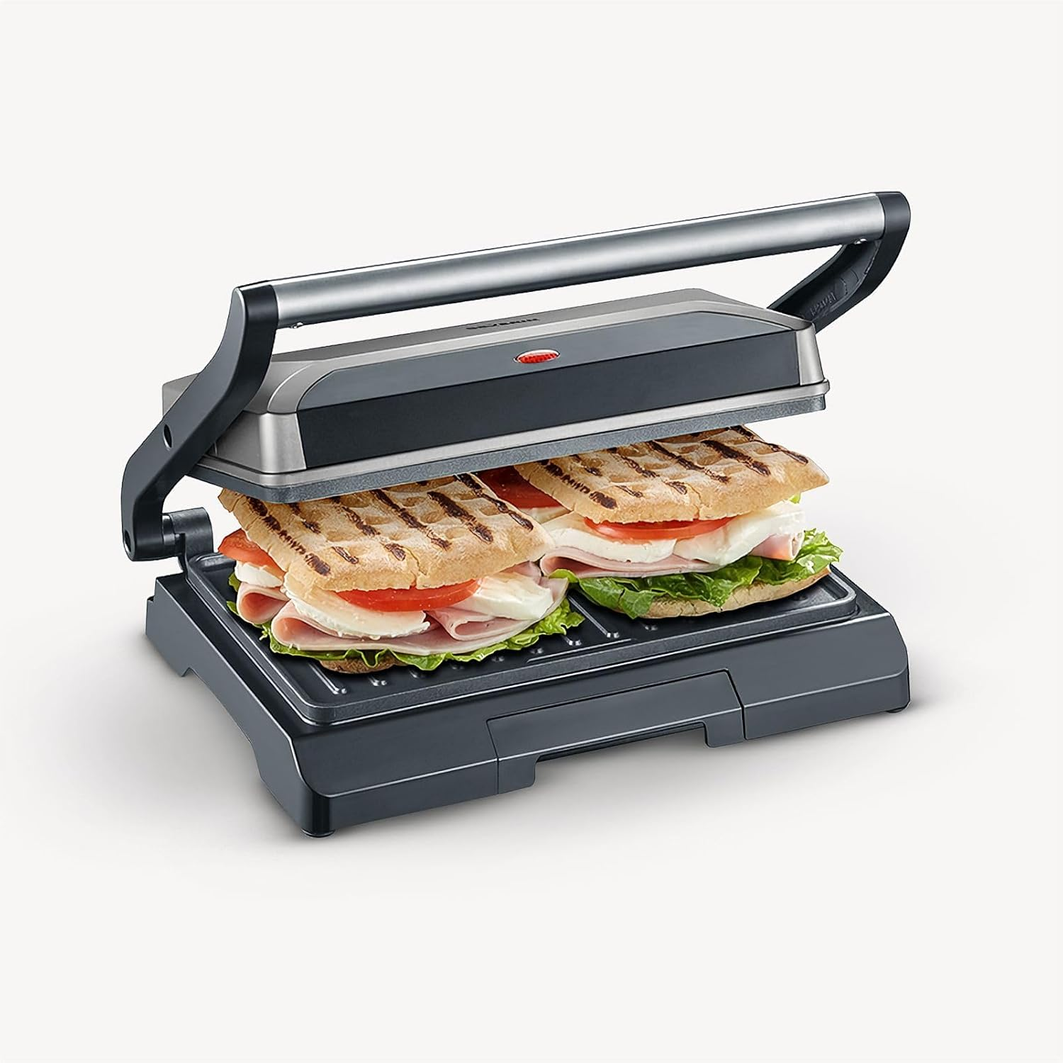 SEVERIN Contact Grill for Sandwiches, Steak and Panini Grill, Non-Stick Sandwich Maker for Grease-Free Grilling, 800 W, Metallic Grey/Black, KG 2394