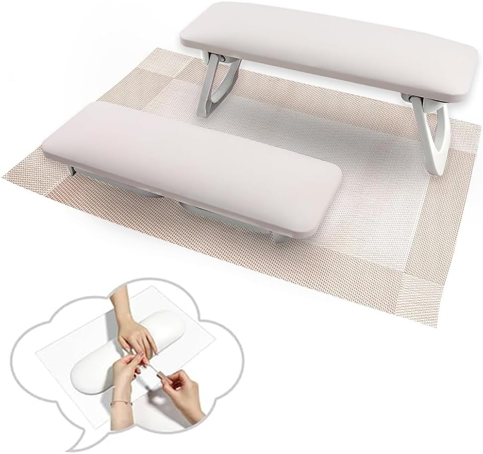 Foldable Nail Arm Rest for Nail Techs &ndash;Soft Microfiber PU Leather Hand Pillow Stand with PVC Table Mat for Acrylic Nails, Salon & Home Use-White image number 3