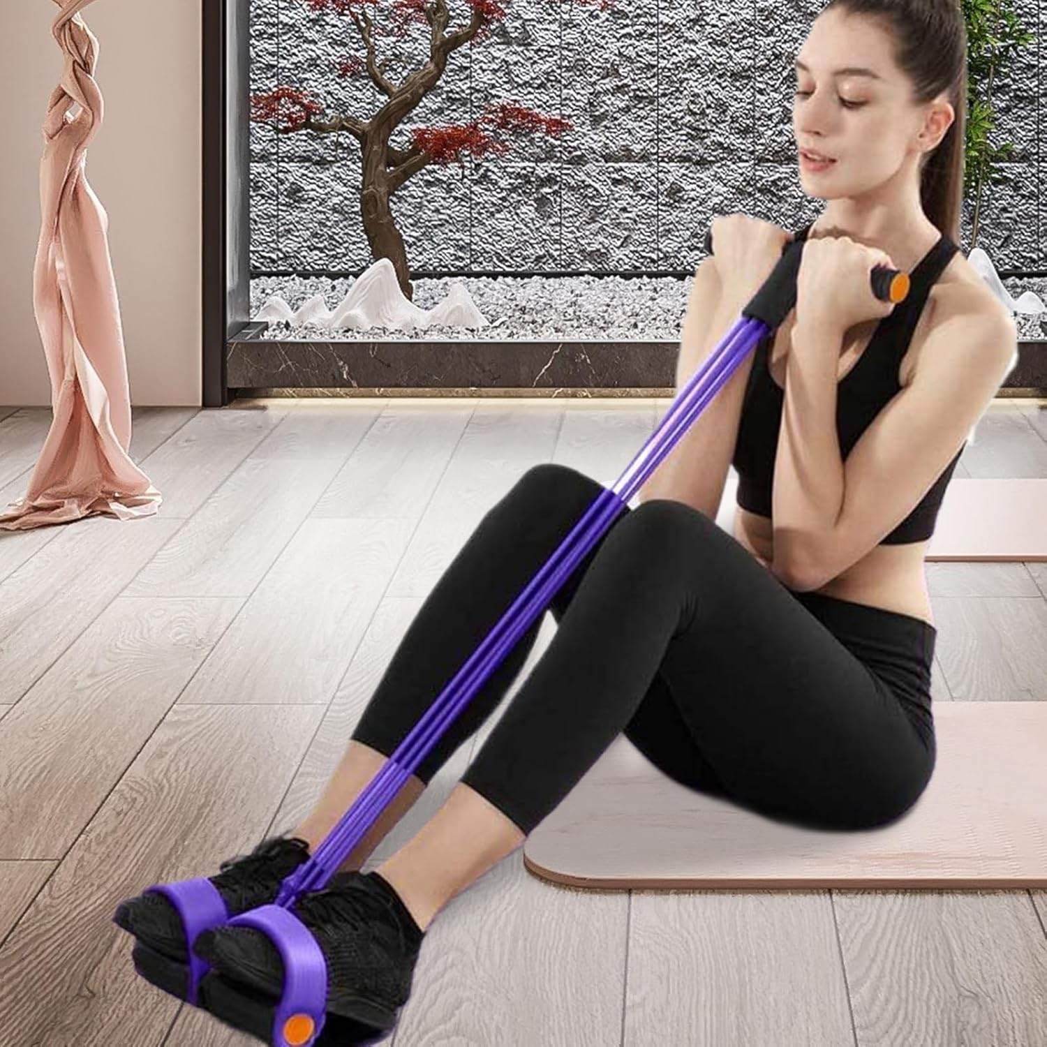 Pedal Resistance Band with Handle,Fitness Foot Pedal Stretch Bands 6-Tube | Stretching Trainer Training Equipment for Beginners Pilates Yoga Adults Home Office Gym Abdomen Arms - Black image number 5