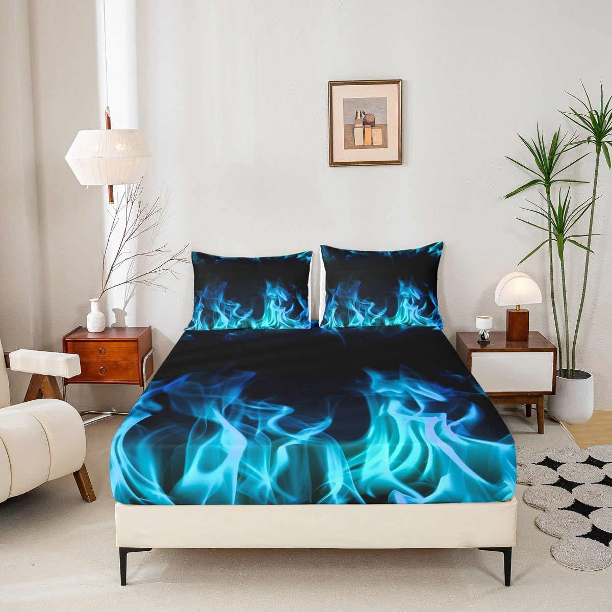 Blue Flame Bed Linen Set M Size, Cool Burning Flames Fitted Sheet Children Boys Men Teens Room Decor, Modern Fashion Comforter Cover Soft Black Deep Pocket Sheet, 1 Pillowcase image number 4