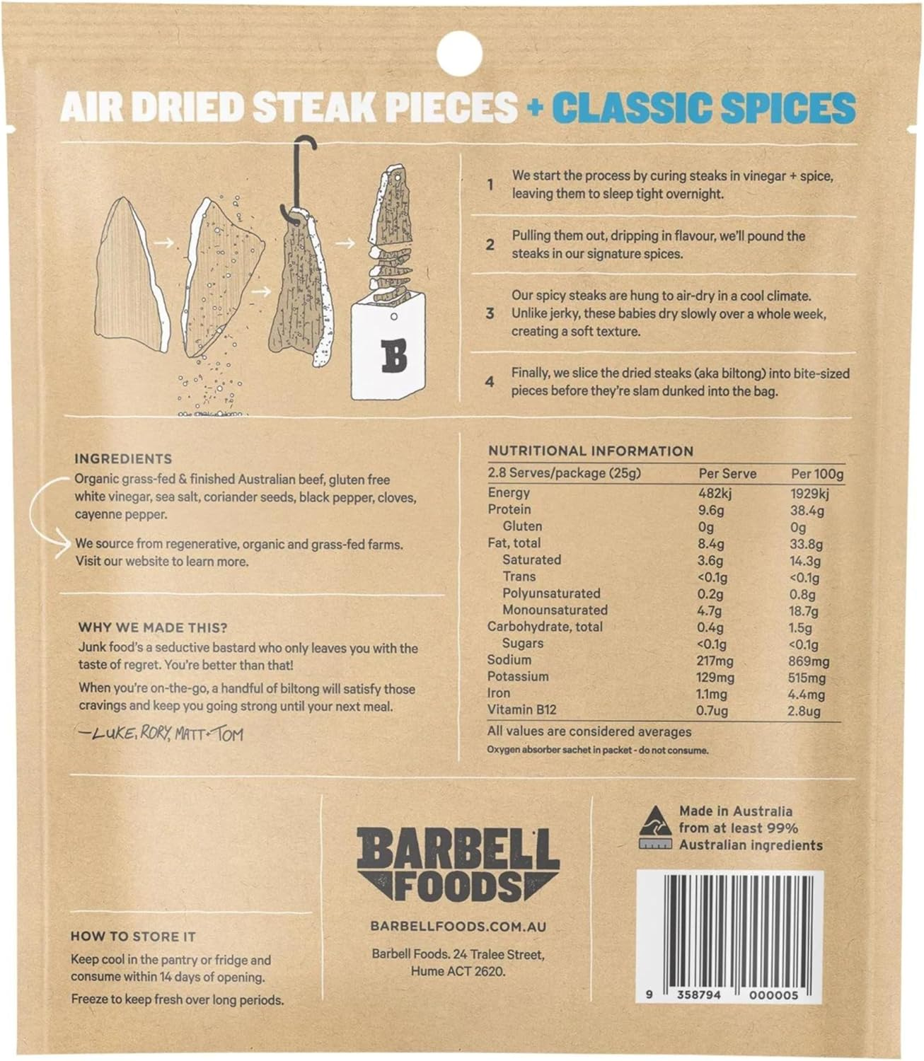 Barbell Biltong Air Dried Steak, Sample Pack, 3X70G Bags (Classic, Chilli & Sea Salt), Grass-Fed Beef, High Protein Meat Snack image number 6
