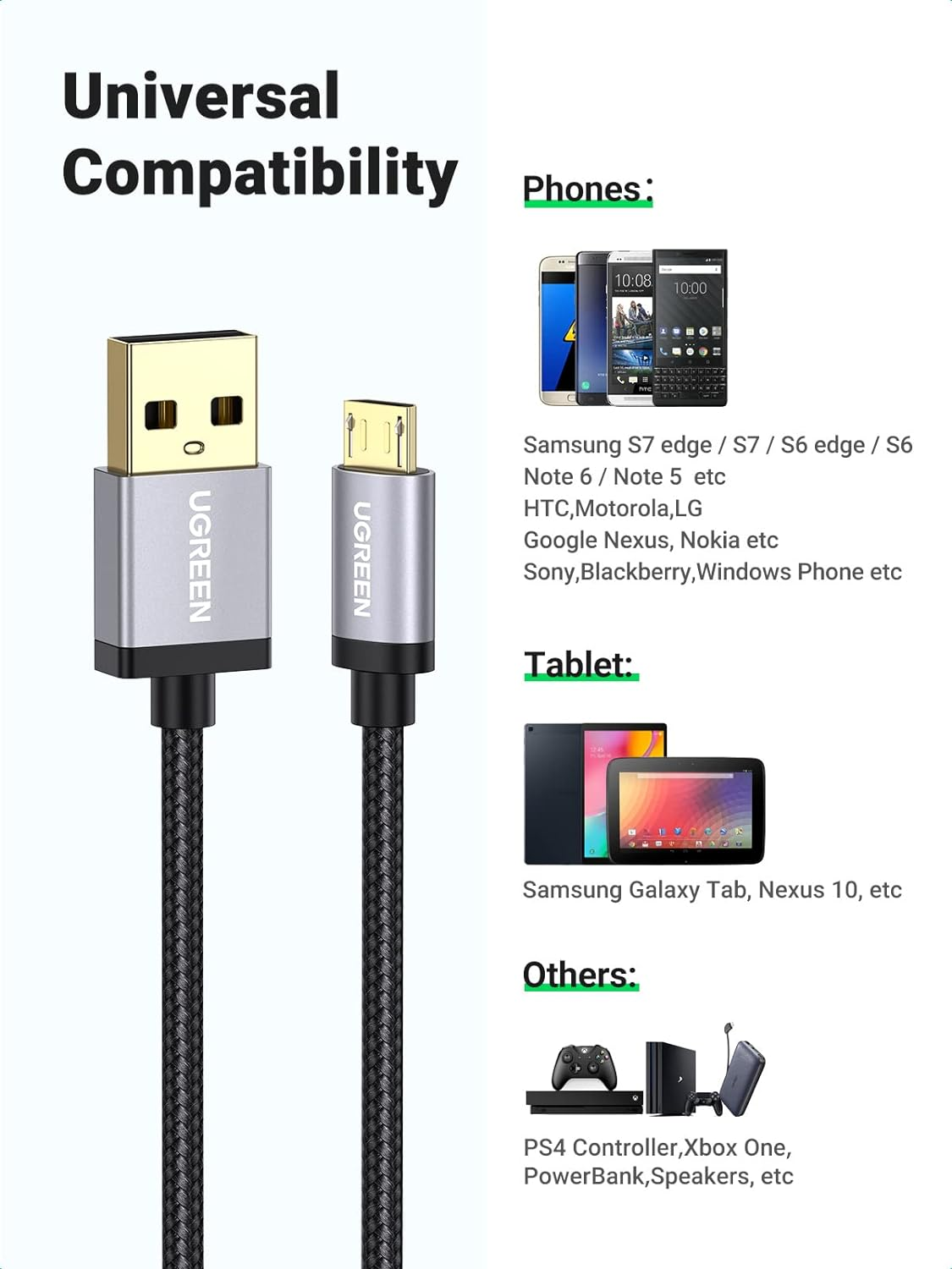 UGREEN Micro USB to USB 2.0 Nylon Braided Charger Cable High-Speed Android for Galaxy S7 S6, Note, LG, Nexus, Kindle, PS4, Xbox One Controller (2M, Black) image number 2