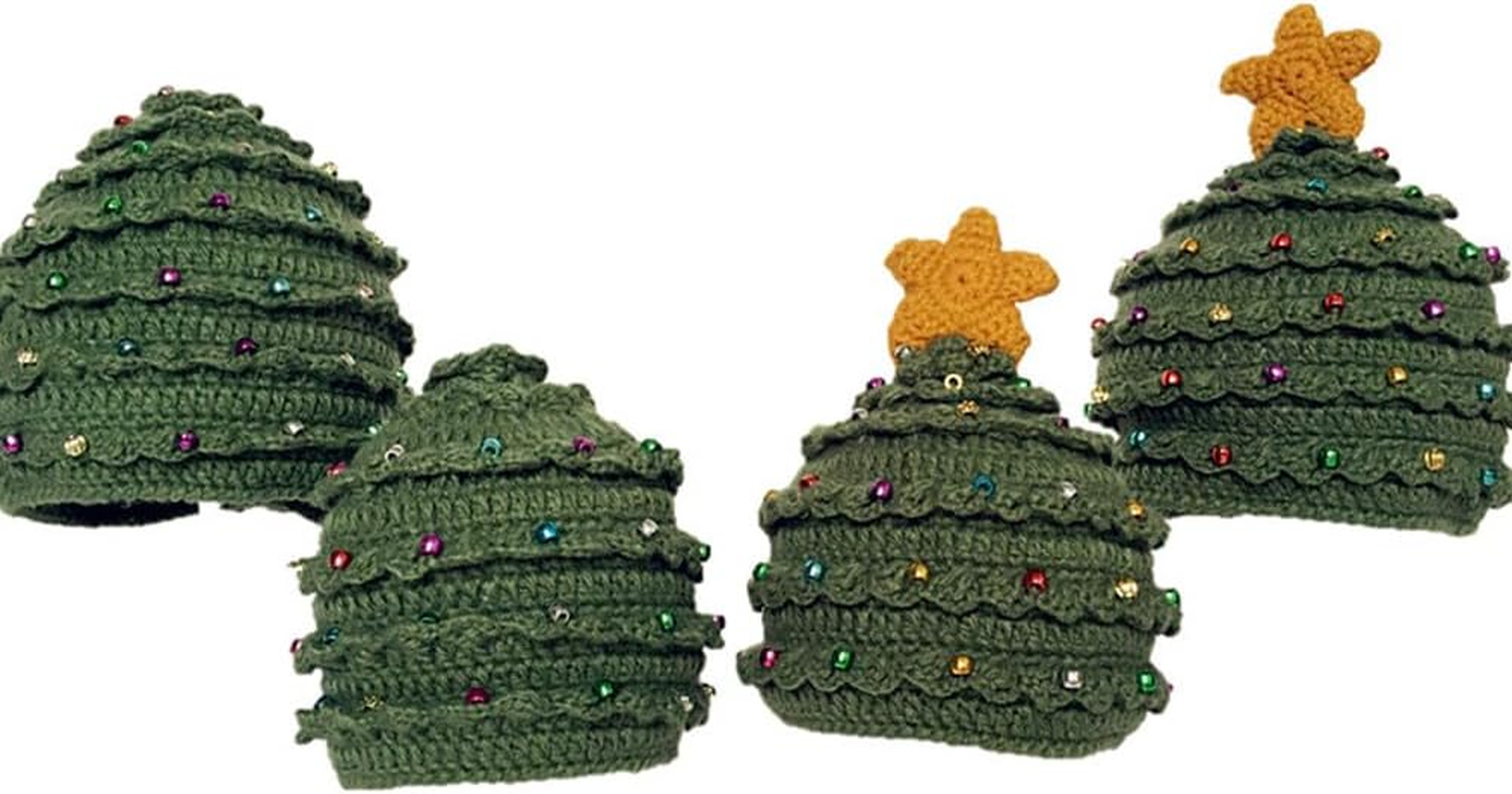 Unisex Christmas Winter Knitted Crochet Beanie Bearded Caps Christmas Tree Knit Hat Warm Hat Green with Stars image number 5