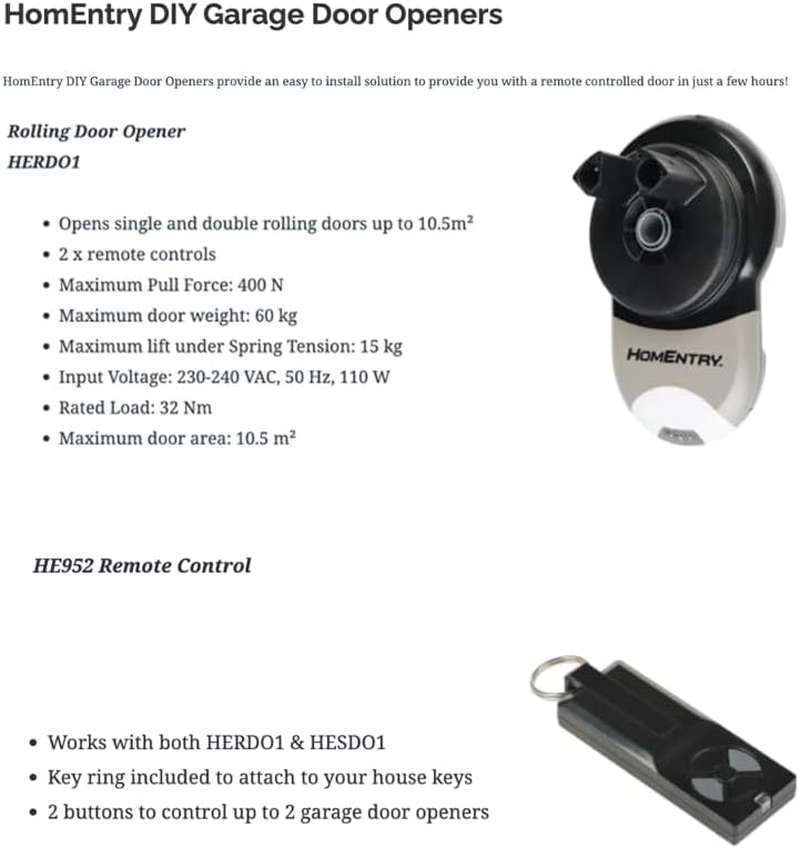 Homentry HERDO1 Roller Garage Door Opener - Smart Garage System for Single/Double Doors, DIY Installation, 2 Remotes, 10.5M2 Coverage