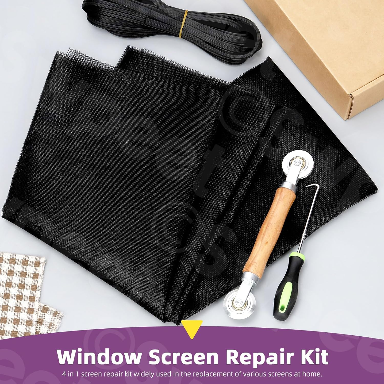 Swpeet 4Pcs Screen Repair Kit, Include Black Screen Mesh, Double Sided Screen Roller, Window Screen Hooks, Retainer Spline, for Replacing & Installing Door and Window Screens