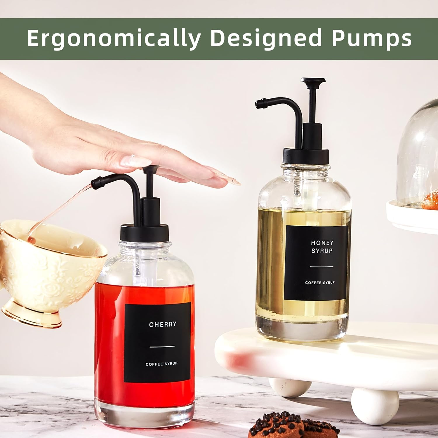 Coffee Syrup Dispensers for Coffee Bar(Set of 4), Coffee Syrup Pump Dispenser for Coffee Bar Accessories, 16.9 Oz Glass Syrup Dispenser with 36 Labels, Coffee Syrup Bottles with Matte Black Pump image number 5