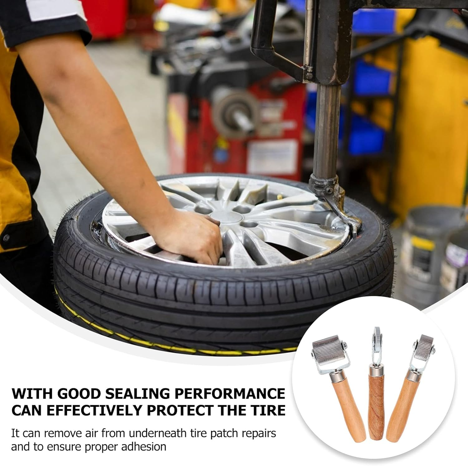 GARVALON 3Pcs Wood Handle Tire Repair Kit Rollers Pressing Wheel Automotive Tools Equipment image number 3