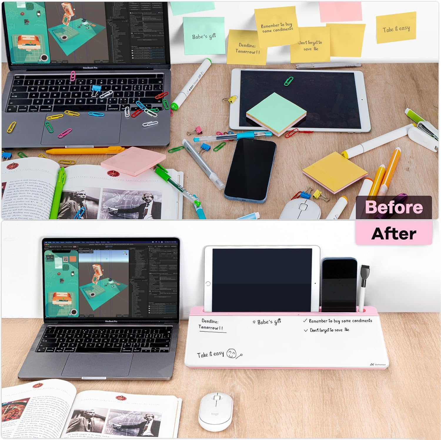 Varhomax Glass Desk Whiteboard with Storage, Desktop Organizer To-Do List Memo Notepad Dry Erase White Board for Home Office and School Supplies (Pink) - B-White image number 2