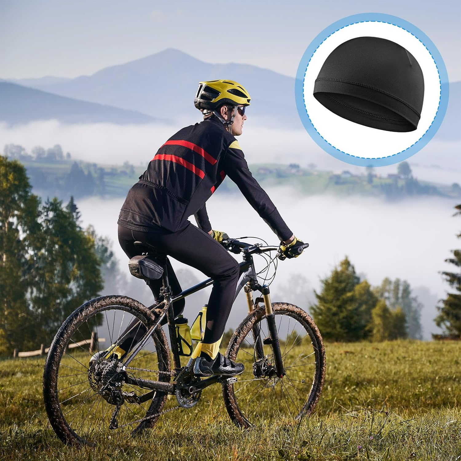 2 Pcs Silk Wave Cap Men Silky Elastic Band Durags Unisex Adults Women Satin Silk Hair Bonnet for Sleep Soft Breathable Satin Durag Fit Running Hiking Racing Motorcycle Riding 9.84 &times; 6.30 Inches Black image number 5