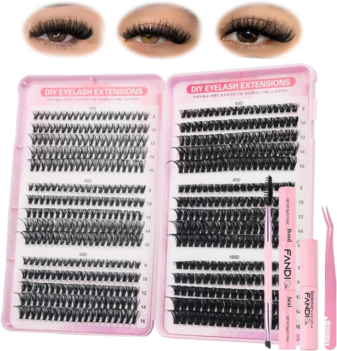 FANDIQ Individual Eyelashes Wispy Lash Clusters Kit 570 Pcs Eyelash Extension Kit D Curl Cluster Lashes 8-16MM DIY Eyelash Extension Kit with Lash Bond and Remover Tweezers Double-Ended Brush(A01 KIT) image number 4
