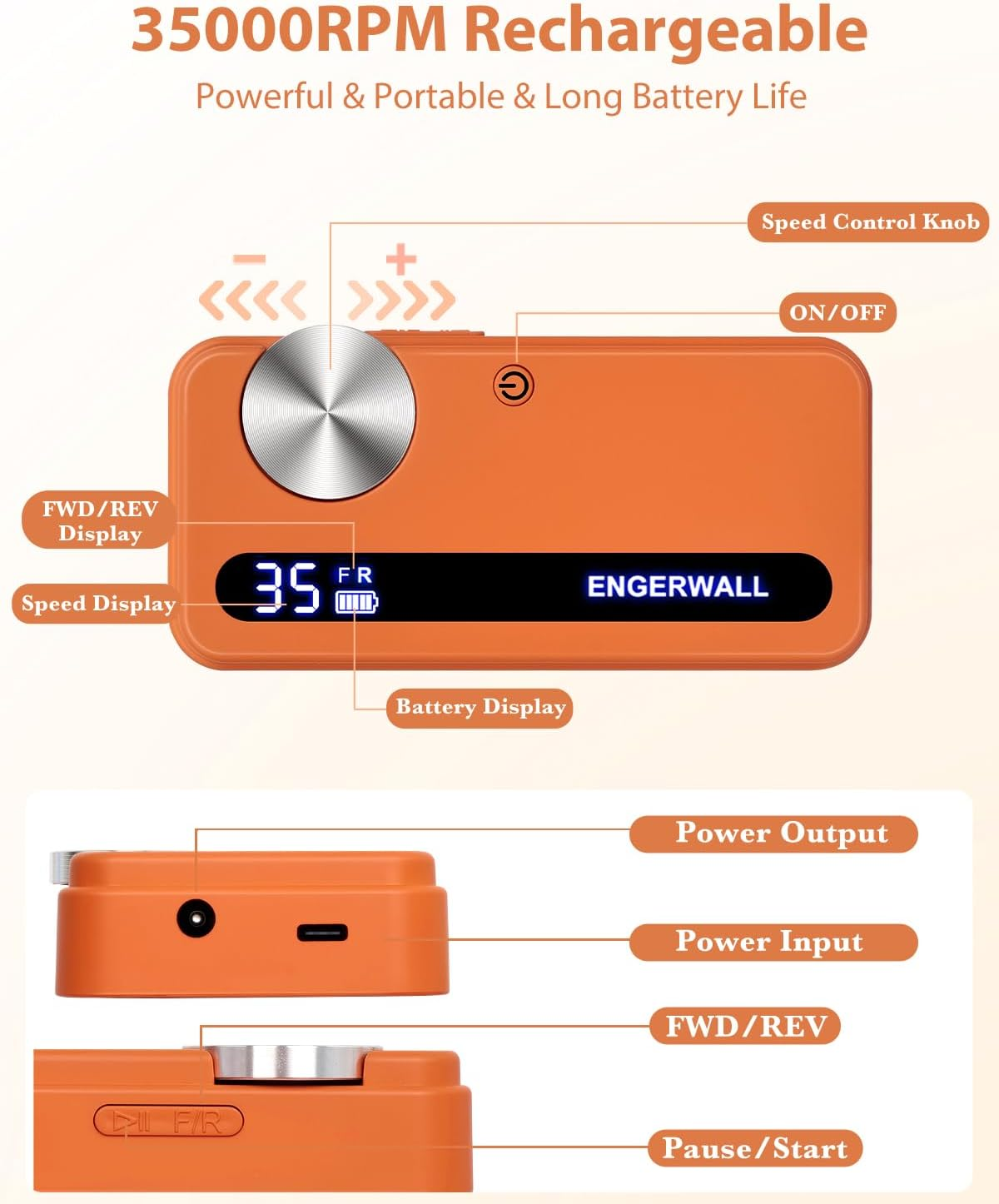 ENGERWALL Professional Manicure Pedicure Set, Rechargeable Nail Cutter 35000 Rpm, Portable Wireless Electric Nail File, Nail Care Tool for Grinding, Trimming and Polishing, Orange image number 4