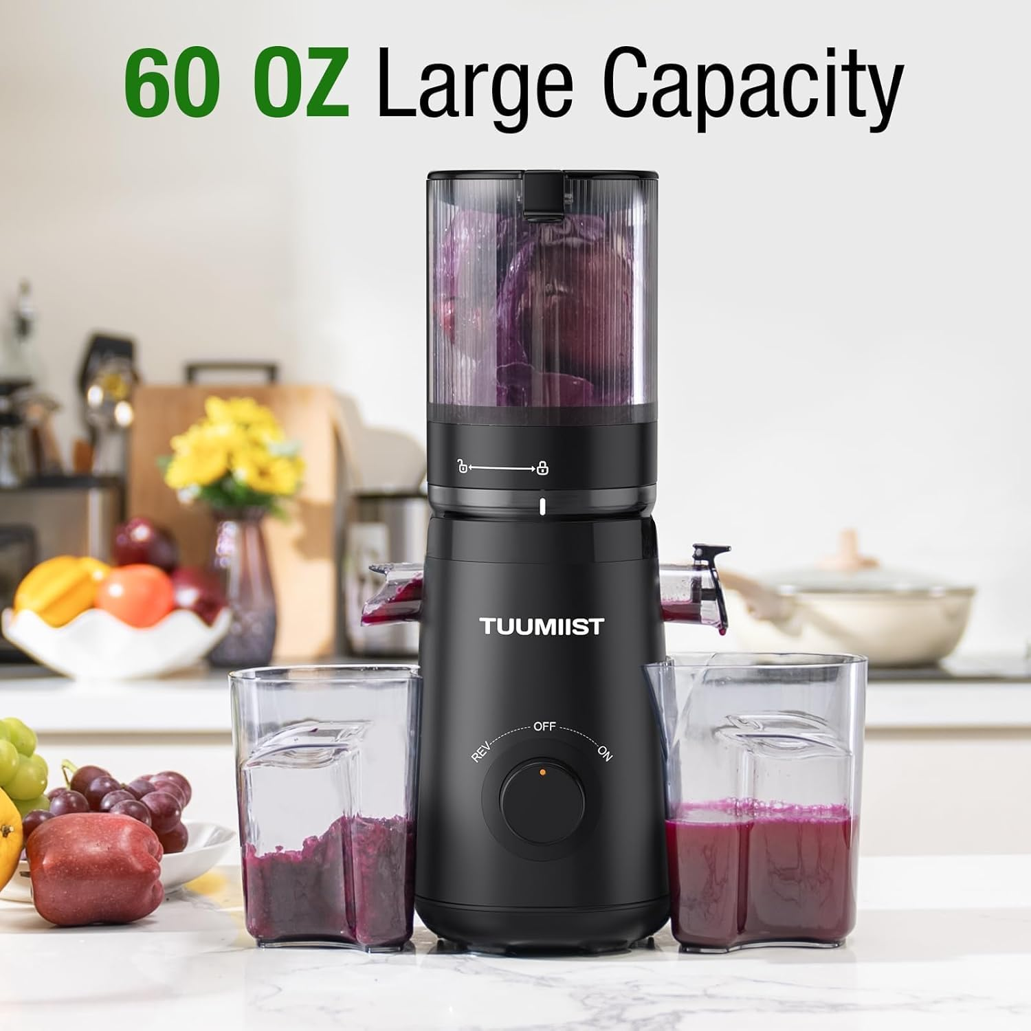 TUUMIIST Cold Press Juicer,Slow Masticating Juicer Machine with 1.8L 5.3" Extra Large Feed Chute Fit Whole Fruits & Vegetables, Masticating Slow Electric Juicer with High Juice Yield, BPA Free (Black) image number 4