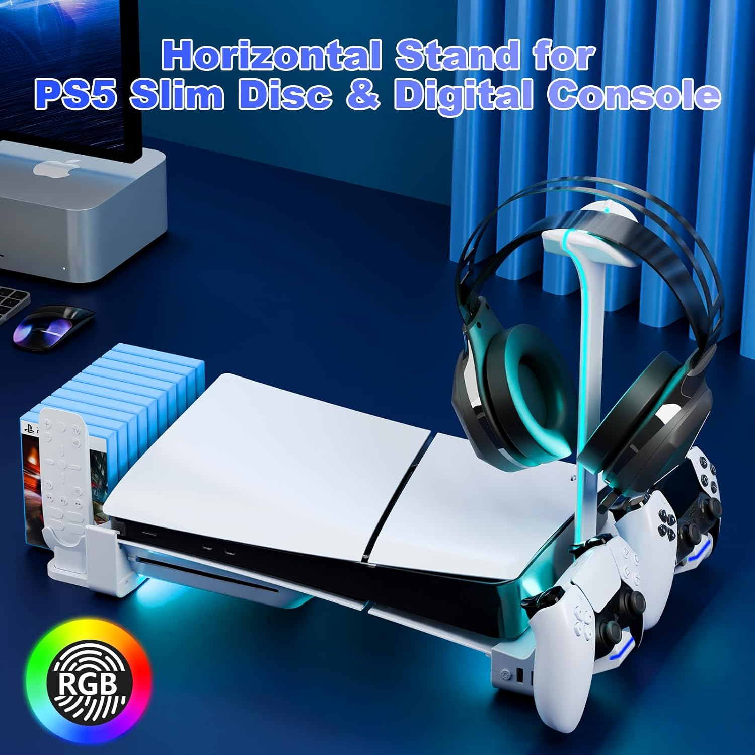 HONCAM Horizontal Stand for Ps5 Slim Disc & Digital Console, PS5 Slim Stand with Dual Controller Charger and 7 RGB Light, PS5 Slim Accessories for 2023 PS5 Slim Console (NOT Fit 2020 PS5), White