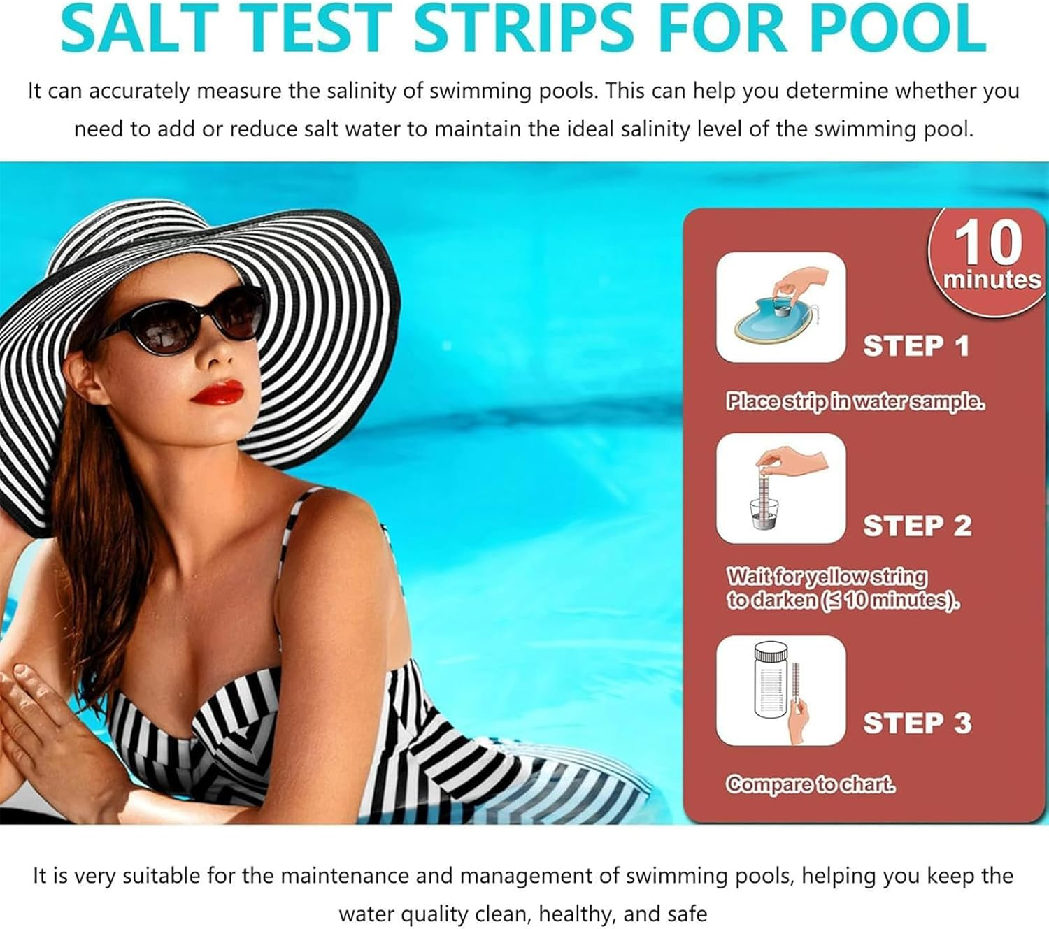 Yeanifeana 10 Count Salt Test Strips for Pool & Spa, Fast & Accurate Salinity Tester for Swimming Pools, Hot Tubs, Water Testing Kit for Saltwater Detection image number 2