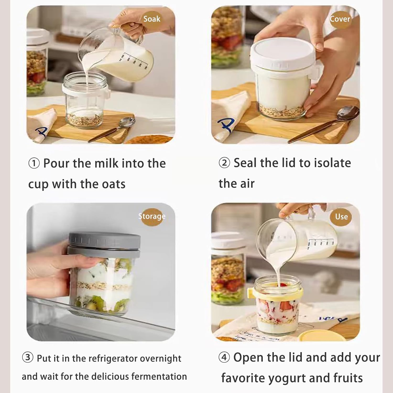 6 Pack Overnight Oats Containers with Lids, Wide Mouth Mason Salad Jars with Lids and Spoons, Glass Food Storage Containers for Yogurt Spice Snacks Sugar Reusable Jars