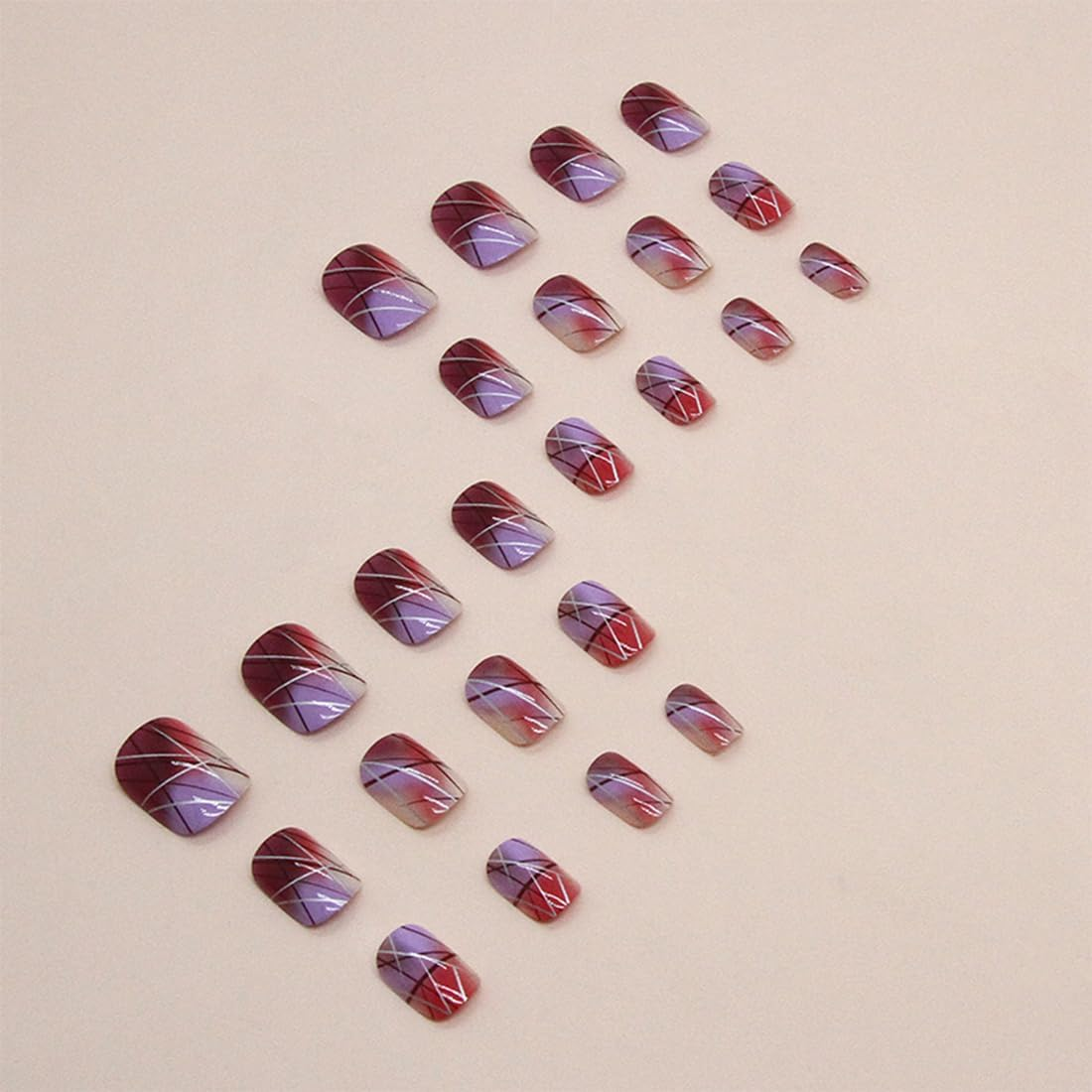 24 Pcs Square Fake Nails Purple Fake Nails Silver Line Design Fake Nails Short False Nails Glossy Fake Nails Full Cover Fake Nails for Women and Girls image number 4