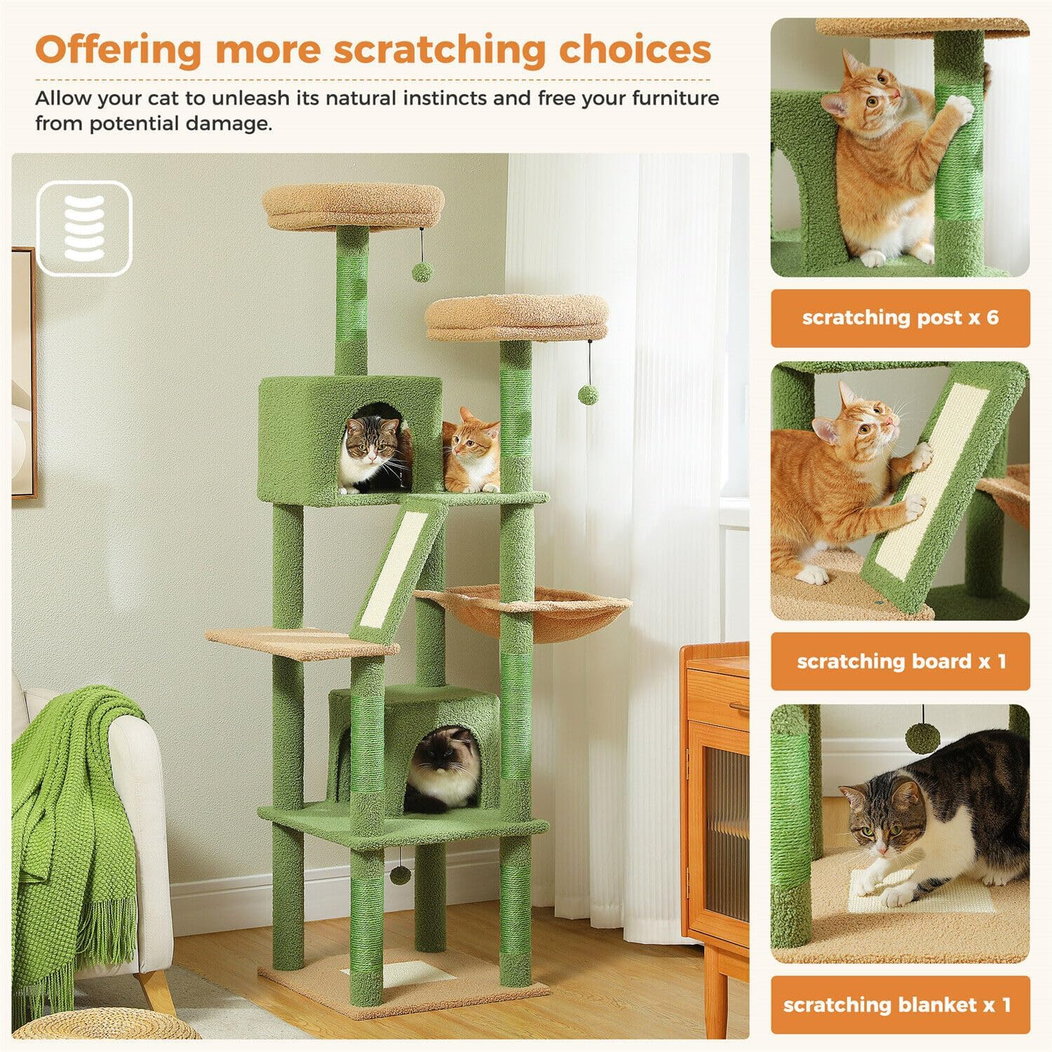 PAWZ Road 180Cm Large Cat Tree for Indoor Cats, Multi-Level Cat Tower Cat Scratching Post with 2 Perches, 2 Condos, Hammock and 2 Pompoms Green - Green image number 3